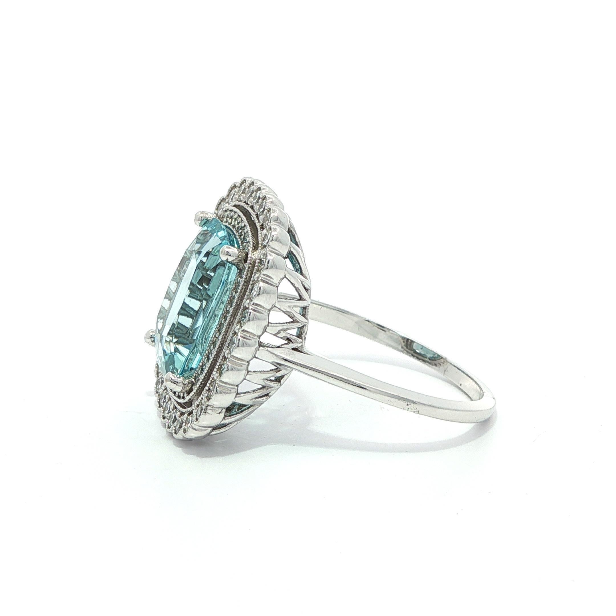14k White Gold GIA 6.6ct Cushion Brilliant Aquamarine Diamond Double Halo Ring For Sale 3