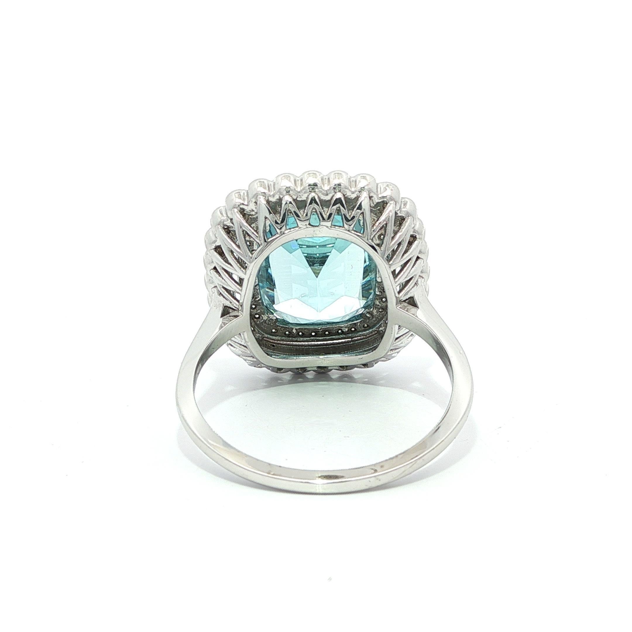14k White Gold GIA 6.6ct Cushion Brilliant Aquamarine Diamond Double Halo Ring For Sale 4