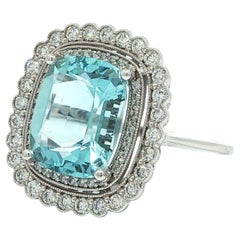 14k White Gold GIA 6.6ct Cushion Brilliant Aquamarine Diamond Double Halo Ring