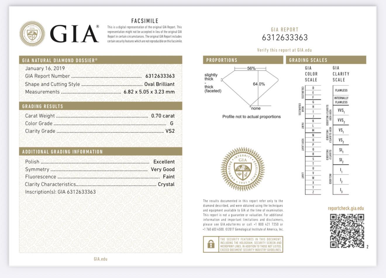 Anello di fidanzamento con diamante GIA .70ct G VS2 in oro bianco 14K - Gambo diviso in vendita 3