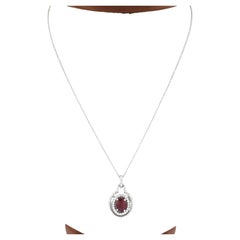 14K White Gold GIA Burma Cherry Red Spinel & Double Diamond Halo Pendant & Chain