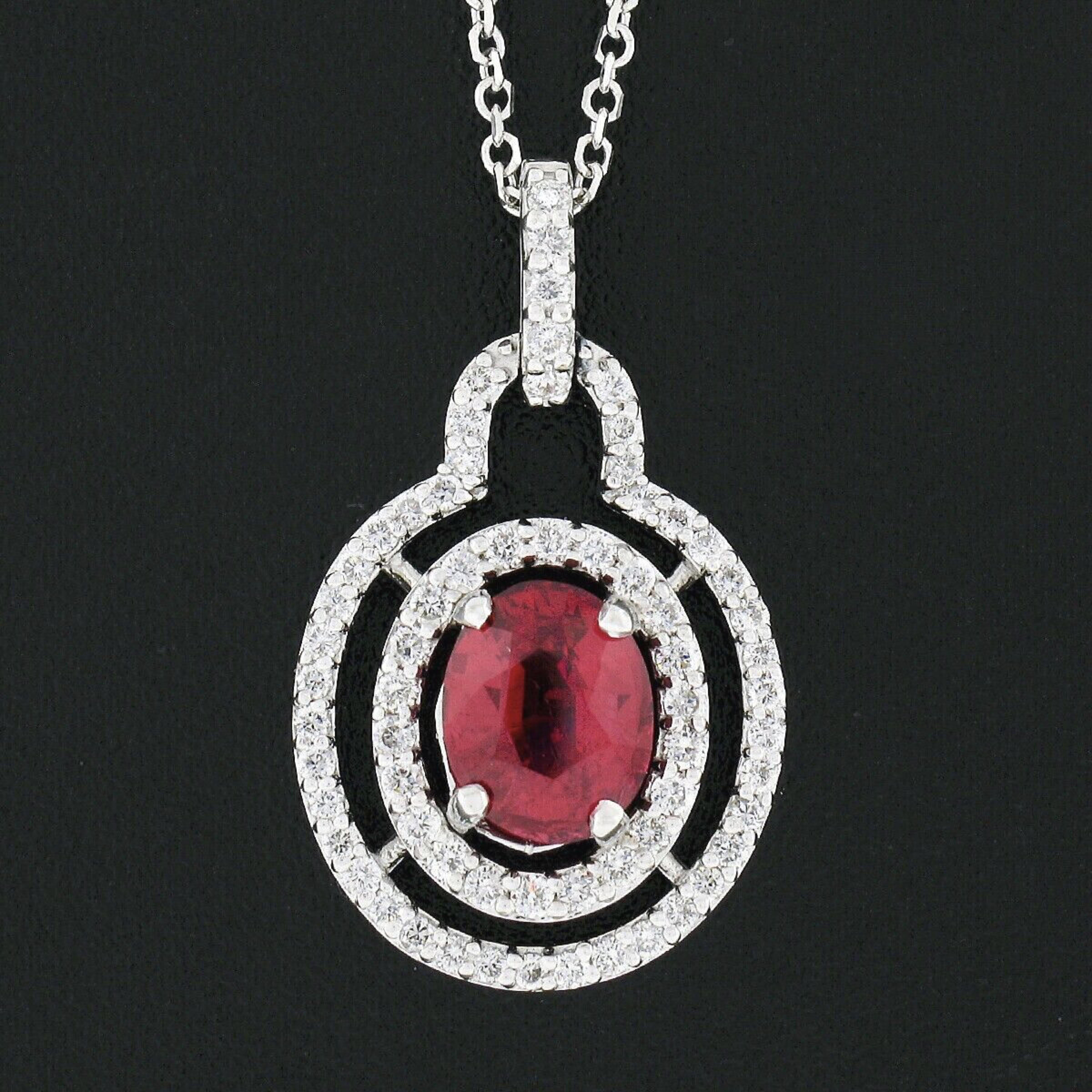 Oval Cut 14K White Gold GIA Burma Cherry Red Spinel & Double Diamond Halo Pendant & Chain For Sale