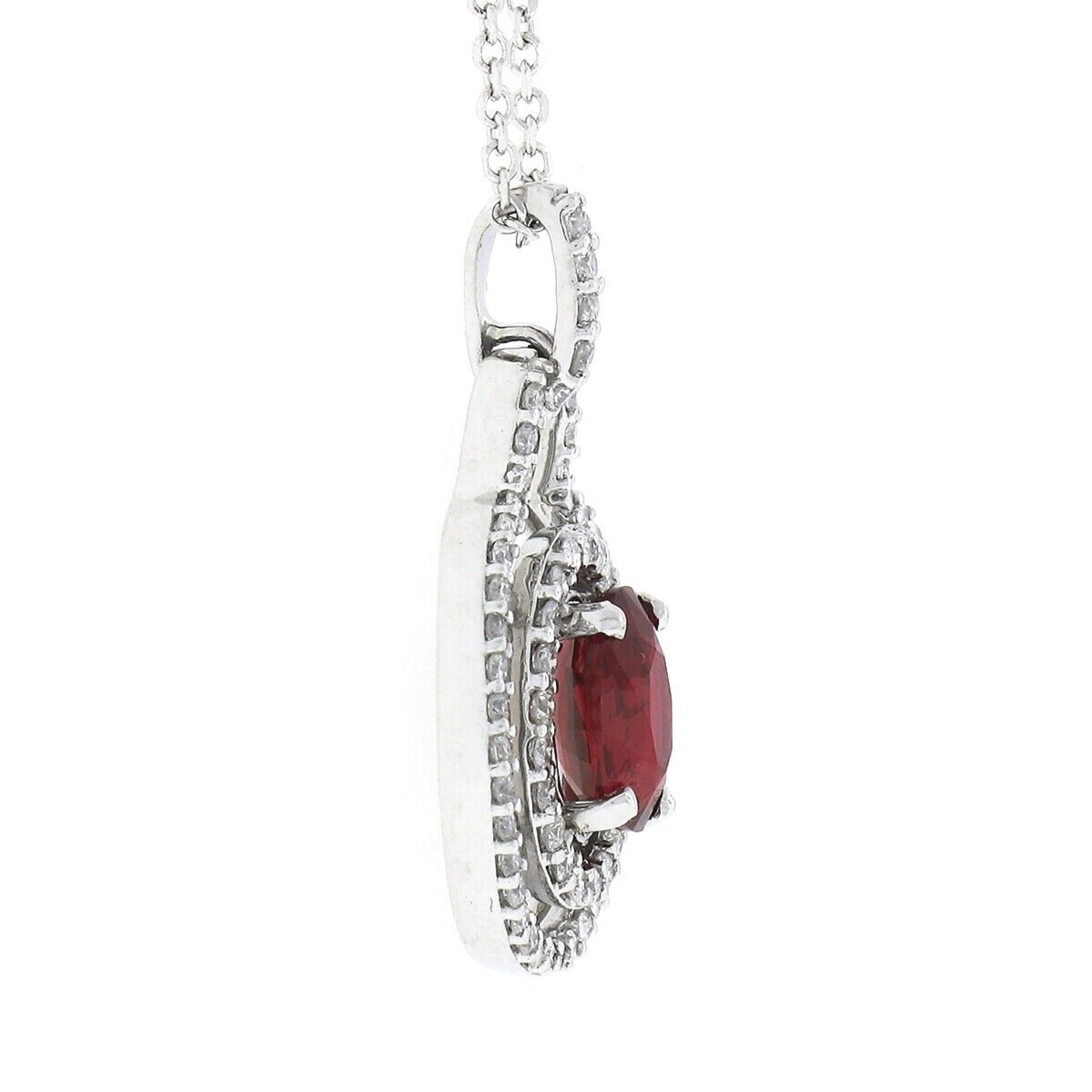 14K White Gold GIA Burma Cherry Red Spinel & Double Diamond Halo Pendant & Chain In New Condition For Sale In Montclair, NJ