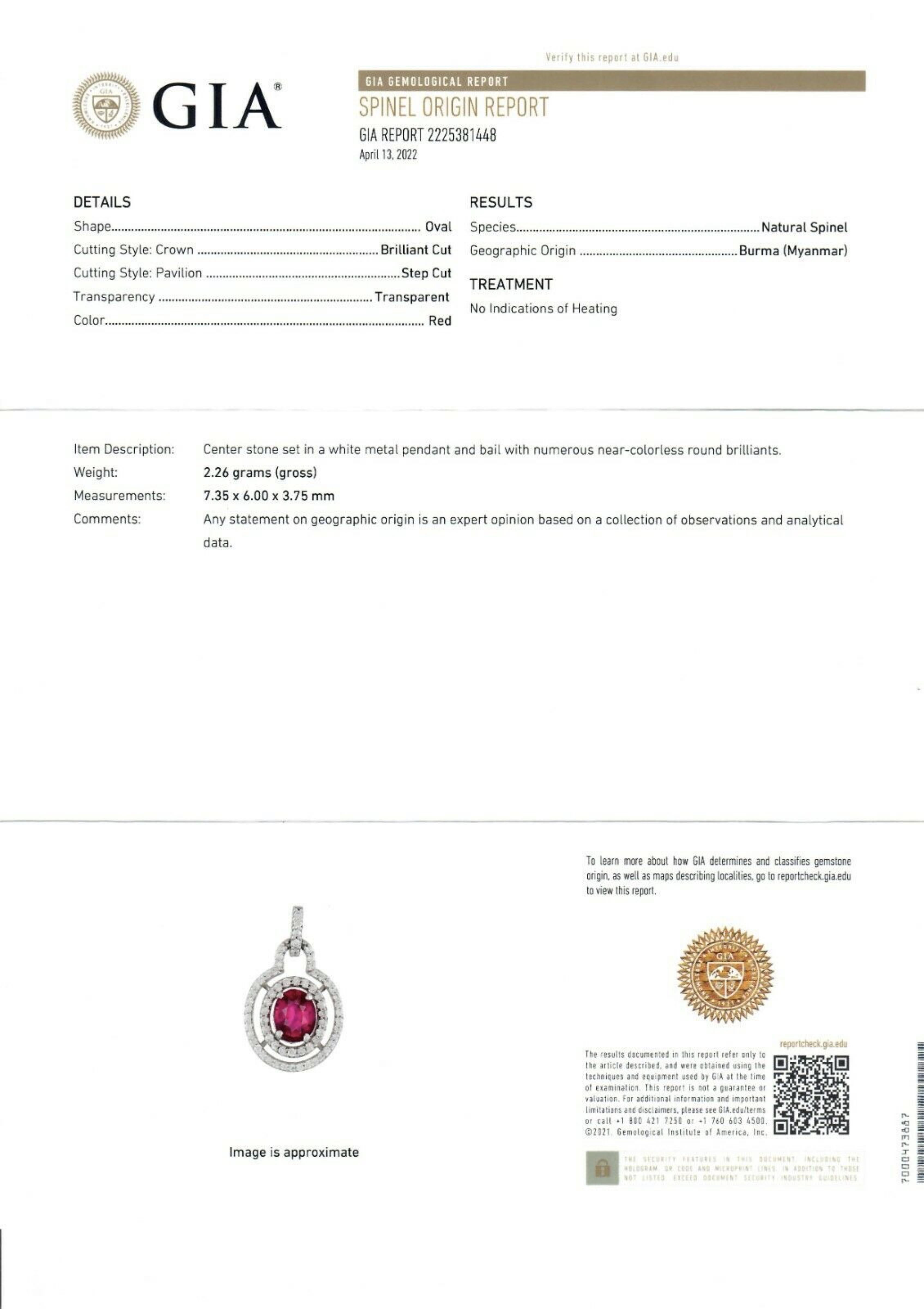 14K White Gold GIA Burma Cherry Red Spinel & Double Diamond Halo Pendant & Chain For Sale 4