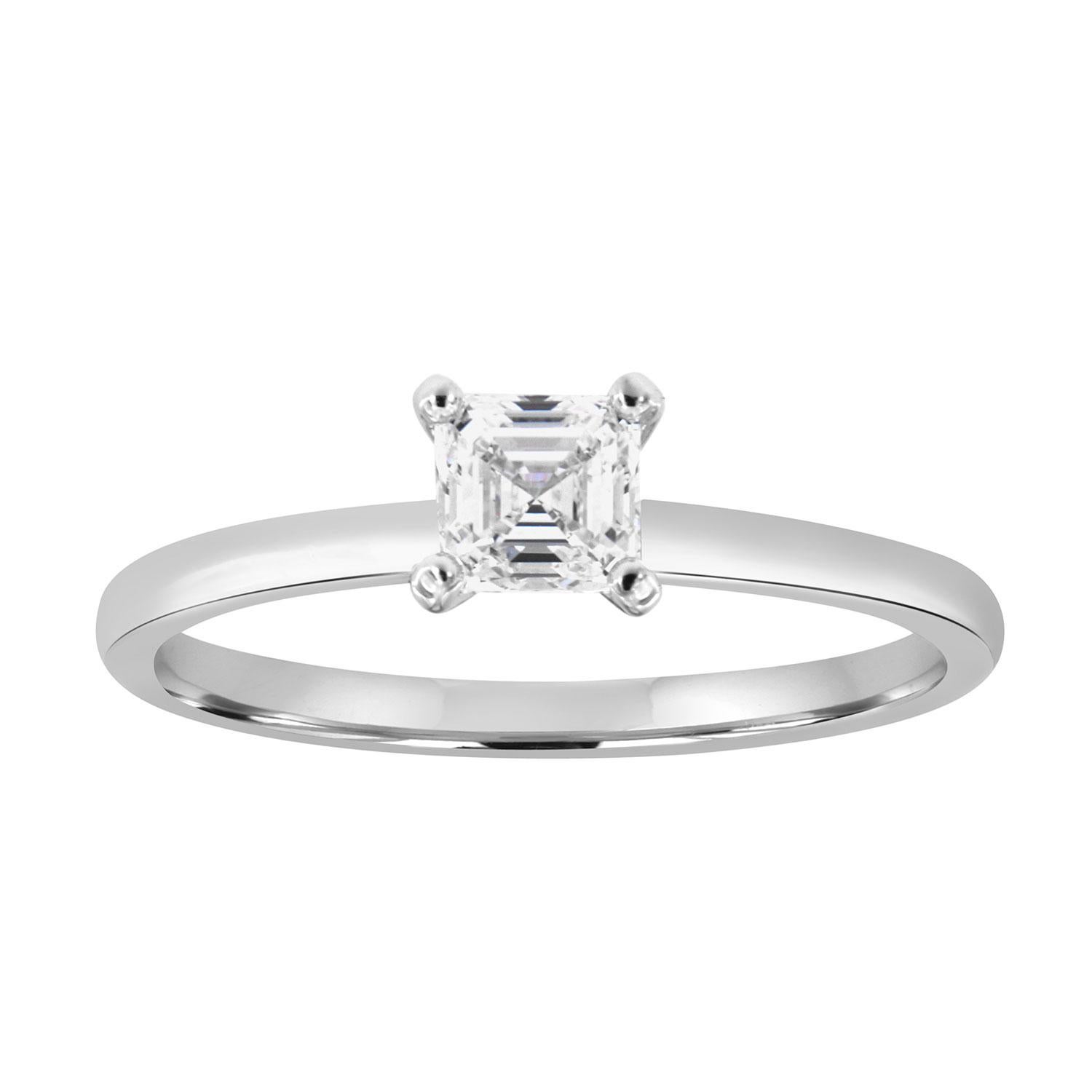 This 14k white gold solitaire features a perfect 0.60 carat Asscher cut natural diamond GIA certificate 2211602756 four (4) prong set on a 2MM wide comfort fit band. The perfectly matched band contains twenty-one (21) brilliant round diamonds 0.25