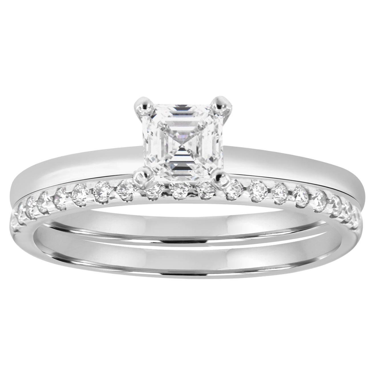 14K White Gold GIA Certified 0.60 Asscher Cut Diamond Ring Set For Sale