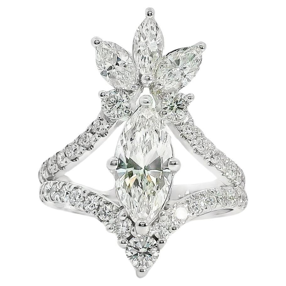 Anillo de compromiso de oro blanco de 14k con certificado GIA de 1,11 ct y diamantes de talla marquesa en venta