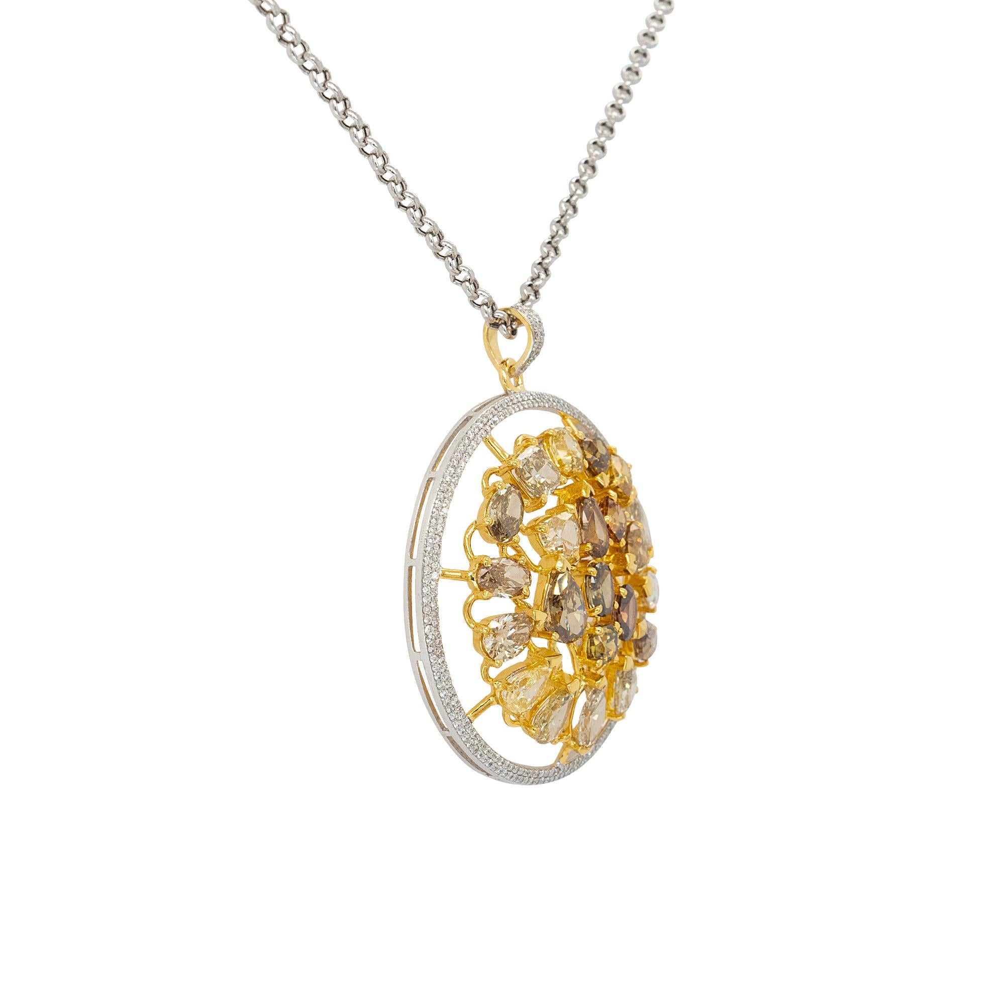 Pendant Details:
14kt yellow gold large round mixed shapes and color natural diamond
Apdiatw= 1.60cts
ApColor diatw= 9.20cts
Approx diamond clarity= SI
Approx diamond color= H-I
37.72mm x 9.71mm x 45.01mm
Chain Details: 14 White Gold Rolo