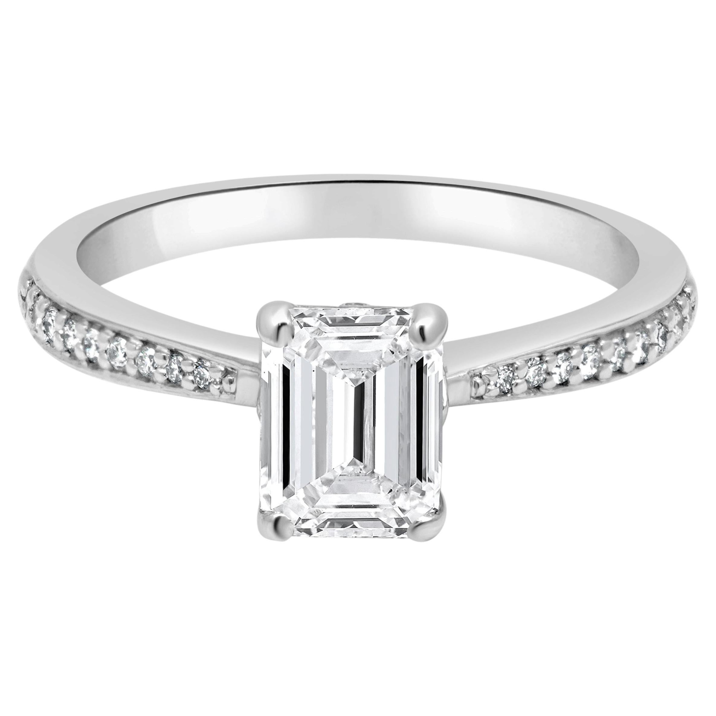 14k White Gold GIA Certified Emerald Cut and Round Diamond Engagement Ring