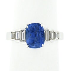 14k White Gold GIA Ceylon Cushion Sapphire Diamond Pyramid Sides Engagement Ring