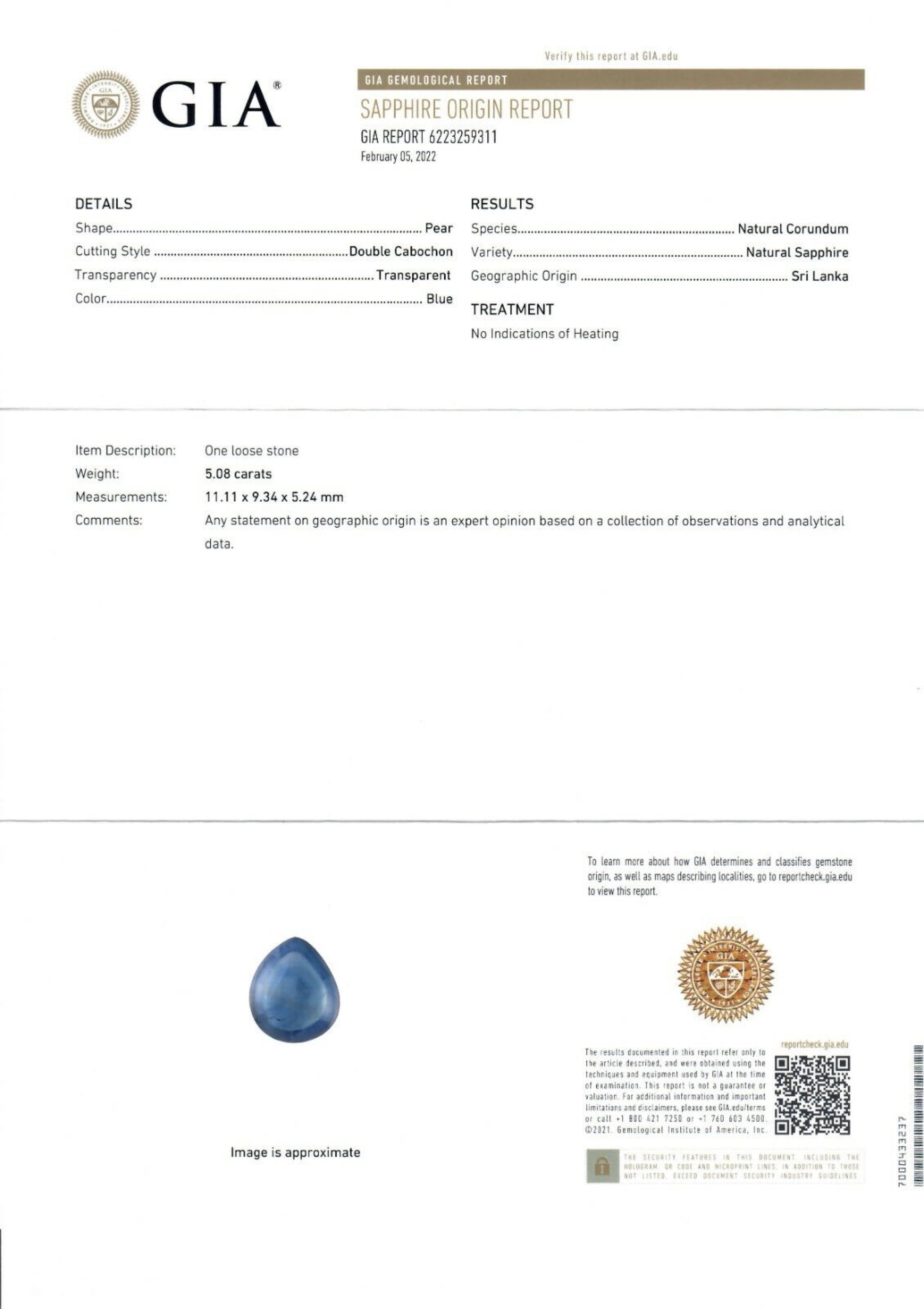 14k White Gold GIA Ceylon No Heat Pear Cabochon Sapphire & Diamond 3 Stone Ring 6