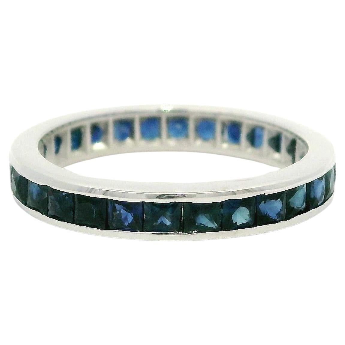 14k White Gold GIA Channel No Heat Square Sapphire Eternity Band Ring Sz 4.5