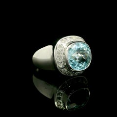 14k White Gold GIA Cushion Checkerboard Bezel Blue Topaz w/ Diamond Ring