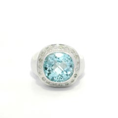 14k White Gold GIA Cushion Checkerboard Bezel Blue Topaz w/ Diamond Ring