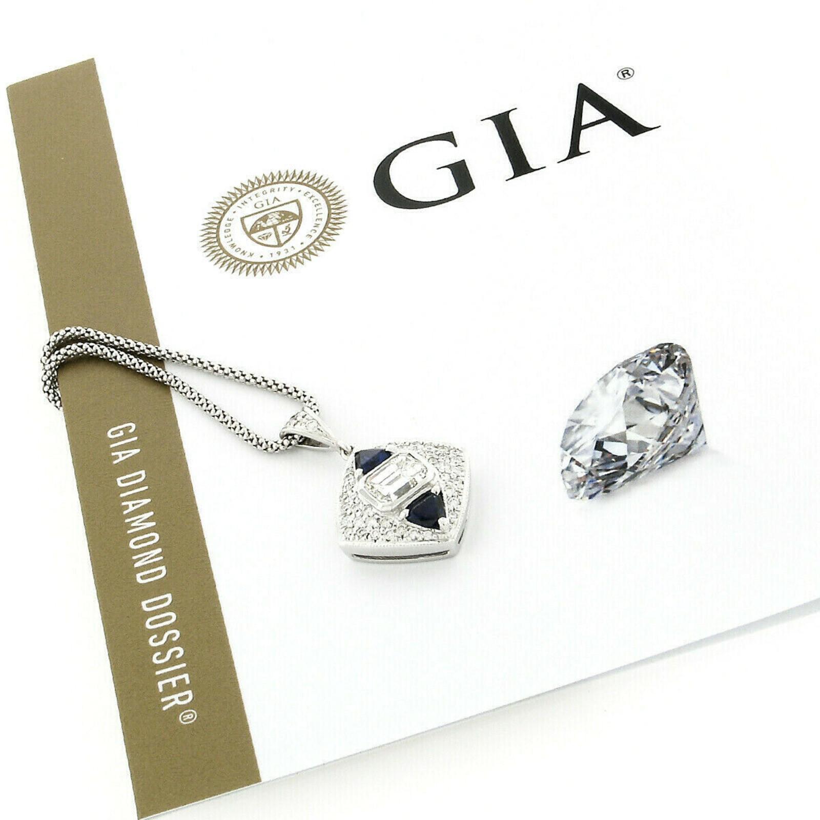 14 Karat Gold GIA Emerald Cut Diamond and Trillion Sapphire Pendant Necklace For Sale 2