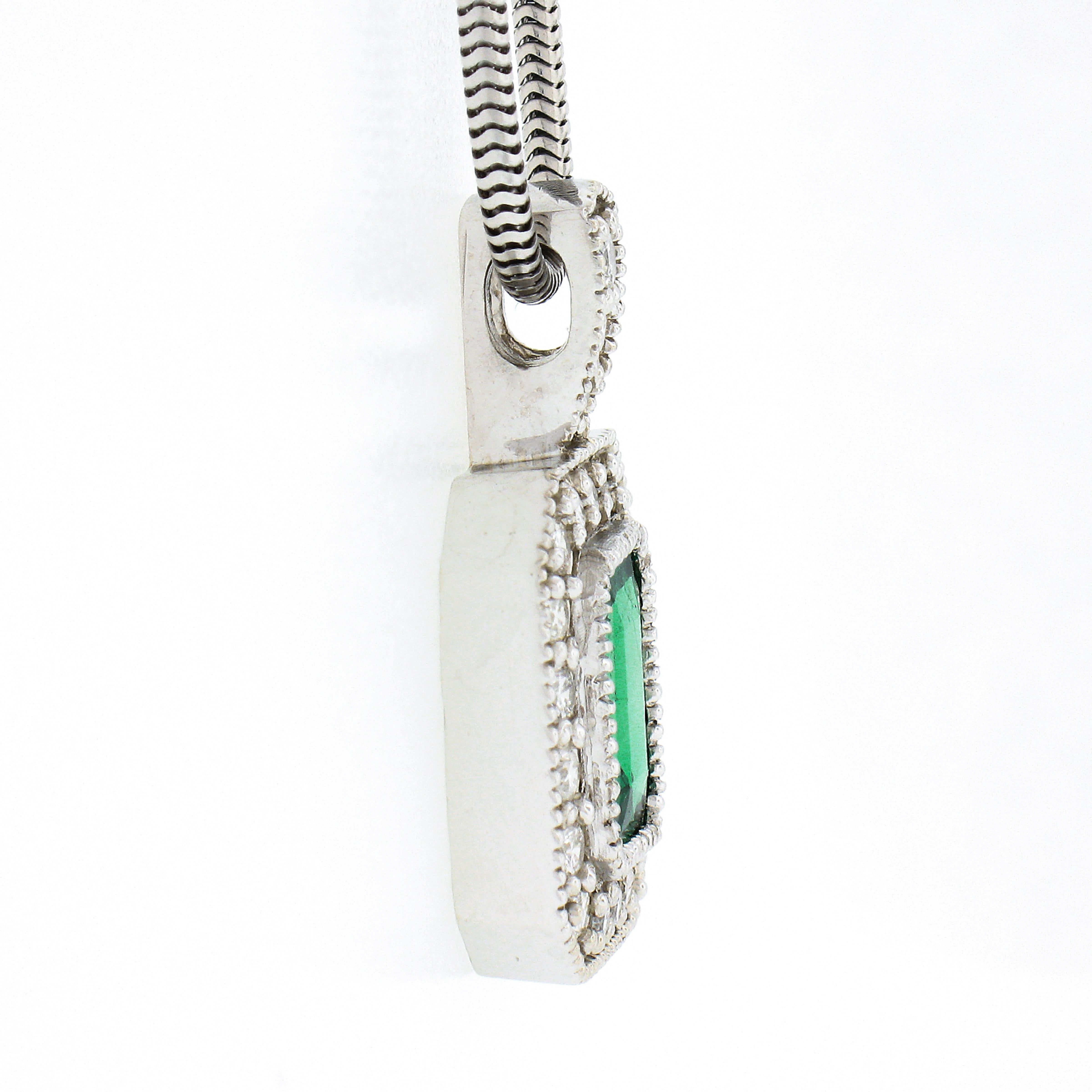 14k White Gold GIA Emerald Cut Emerald Diamond Milgrain Halo Pendant & Chain In Good Condition For Sale In Montclair, NJ