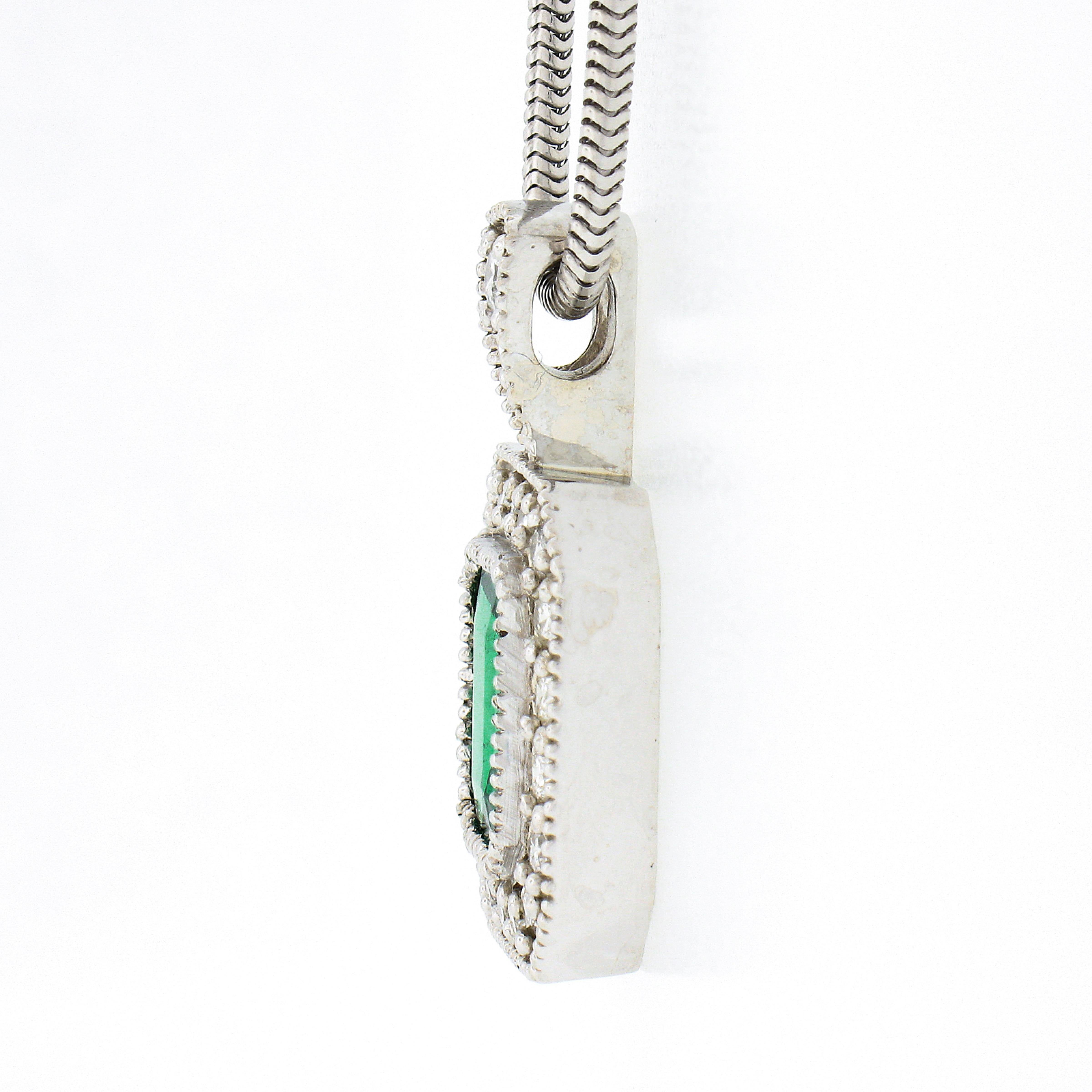 Women's 14k White Gold GIA Emerald Cut Emerald Diamond Milgrain Halo Pendant & Chain For Sale