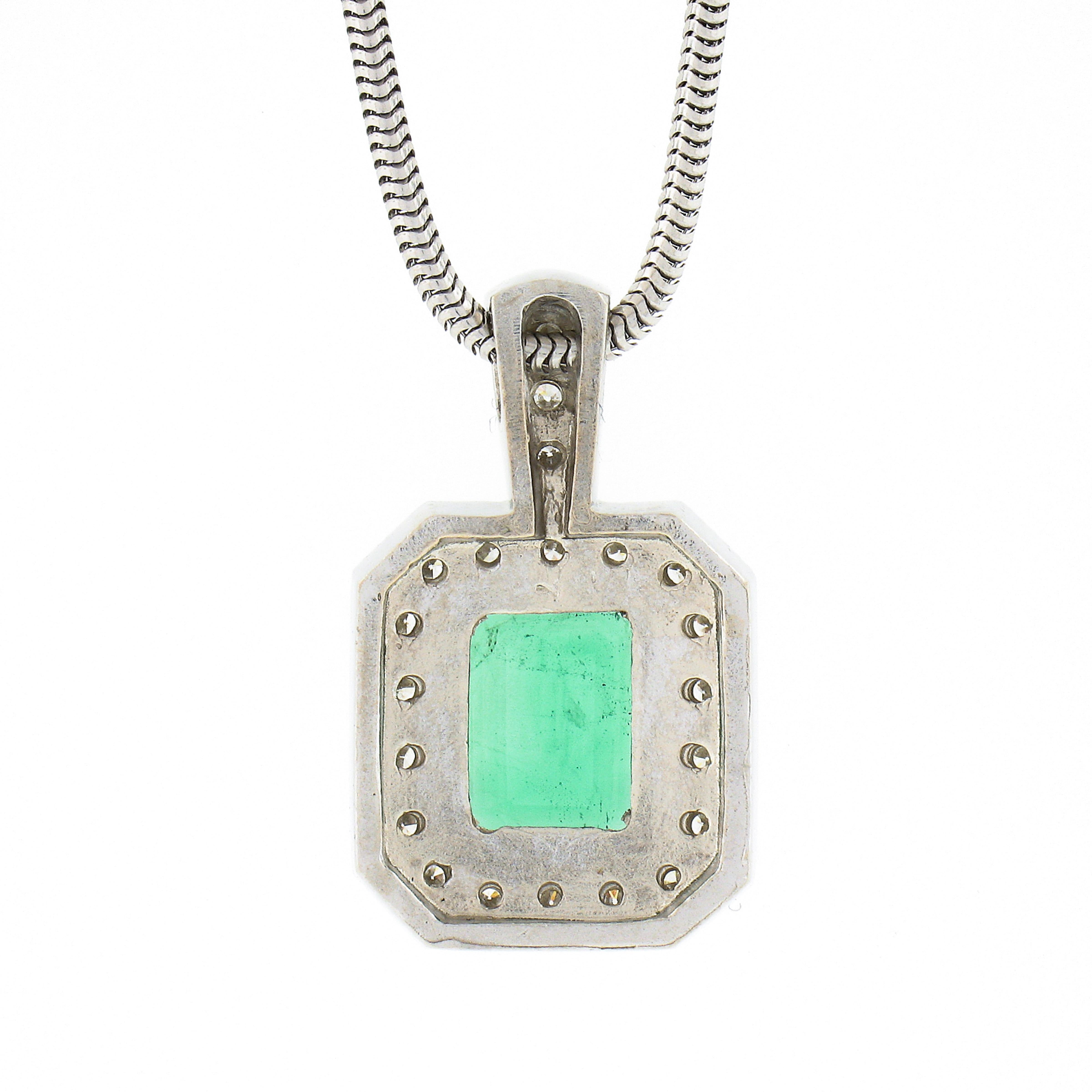 14k White Gold GIA Emerald Cut Emerald Diamond Milgrain Halo Pendant & Chain For Sale 1
