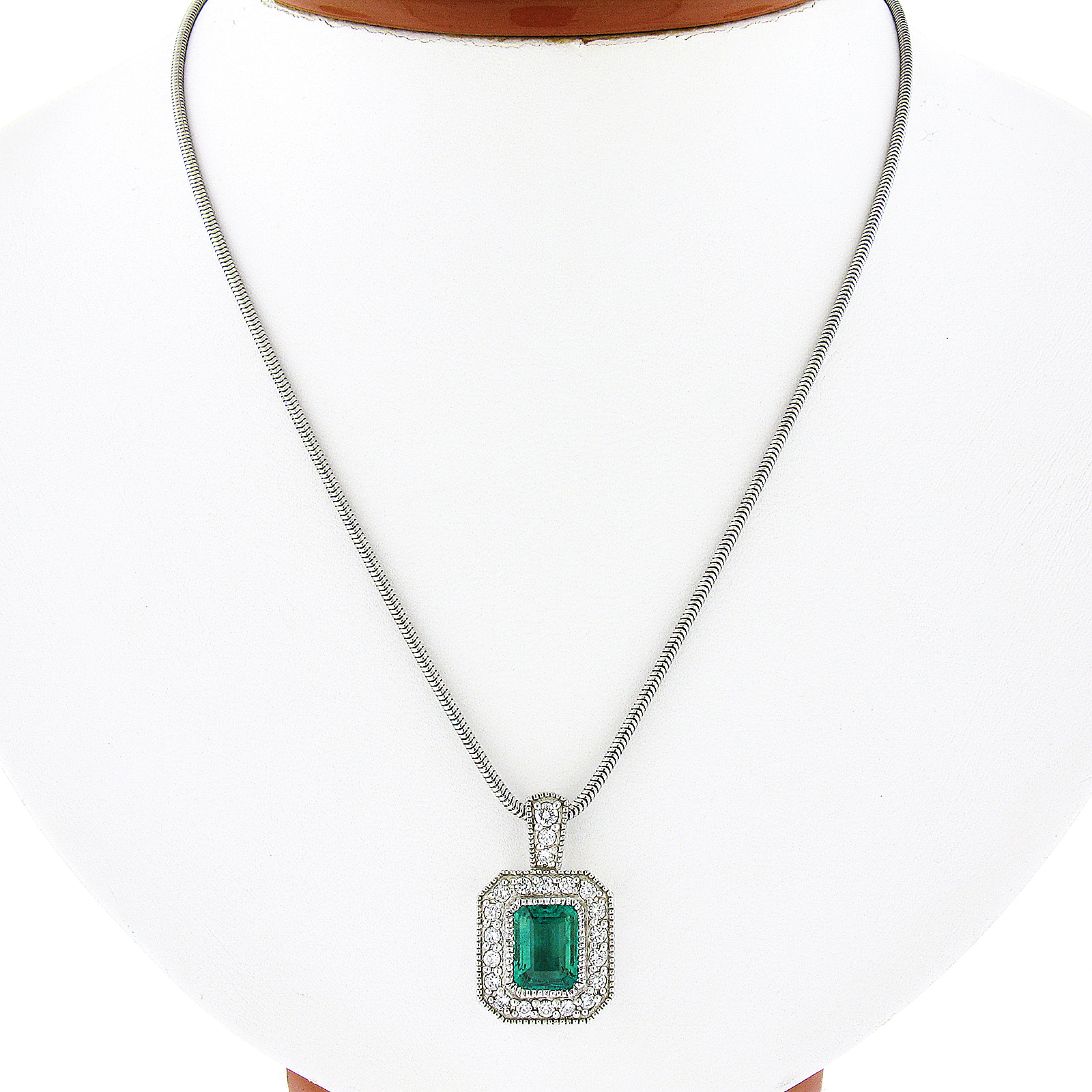 14k White Gold GIA Emerald Cut Emerald Diamond Milgrain Halo Pendant & Chain For Sale 3