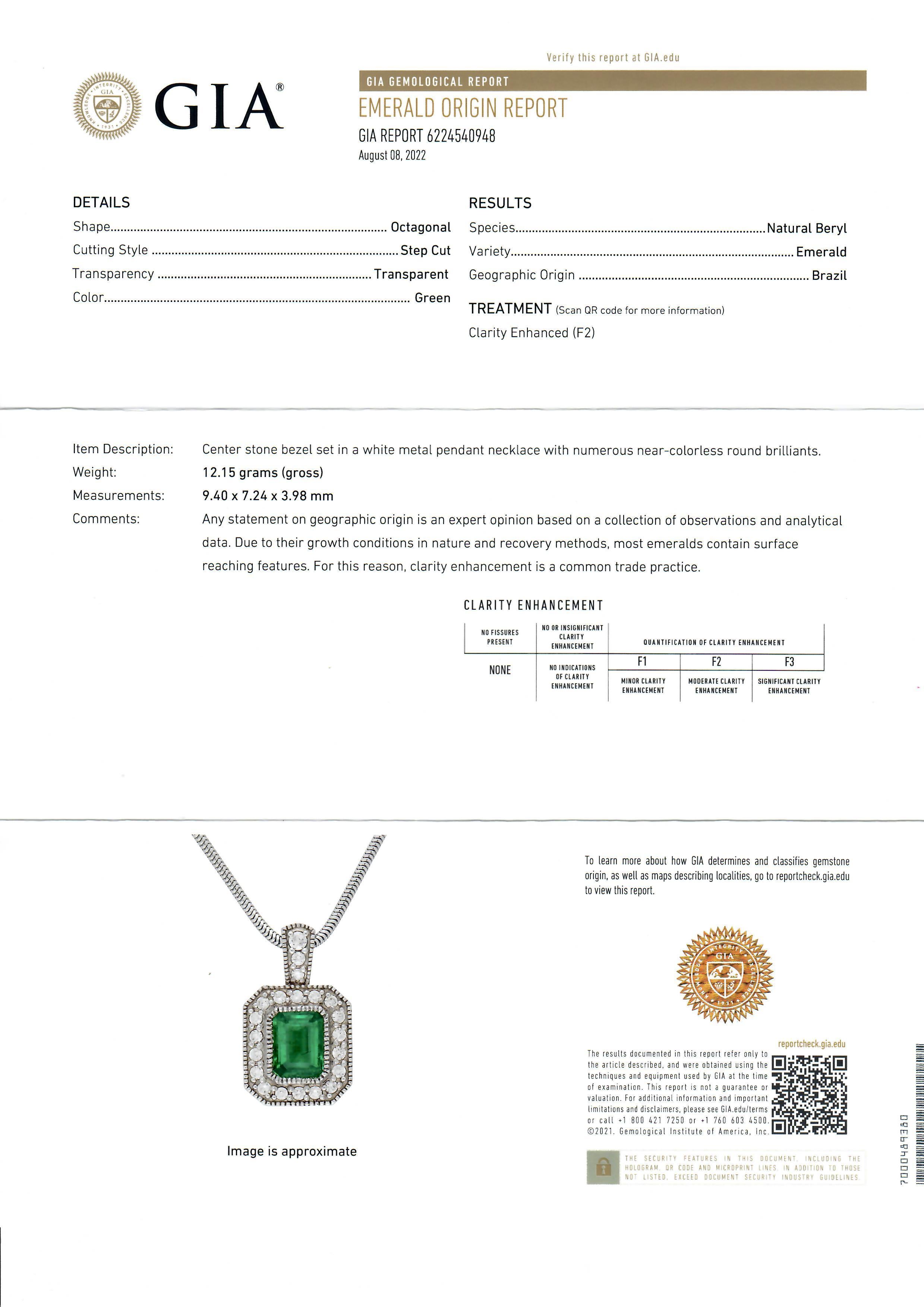 14k White Gold GIA Emerald Cut Emerald Diamond Milgrain Halo Pendant & Chain For Sale 4