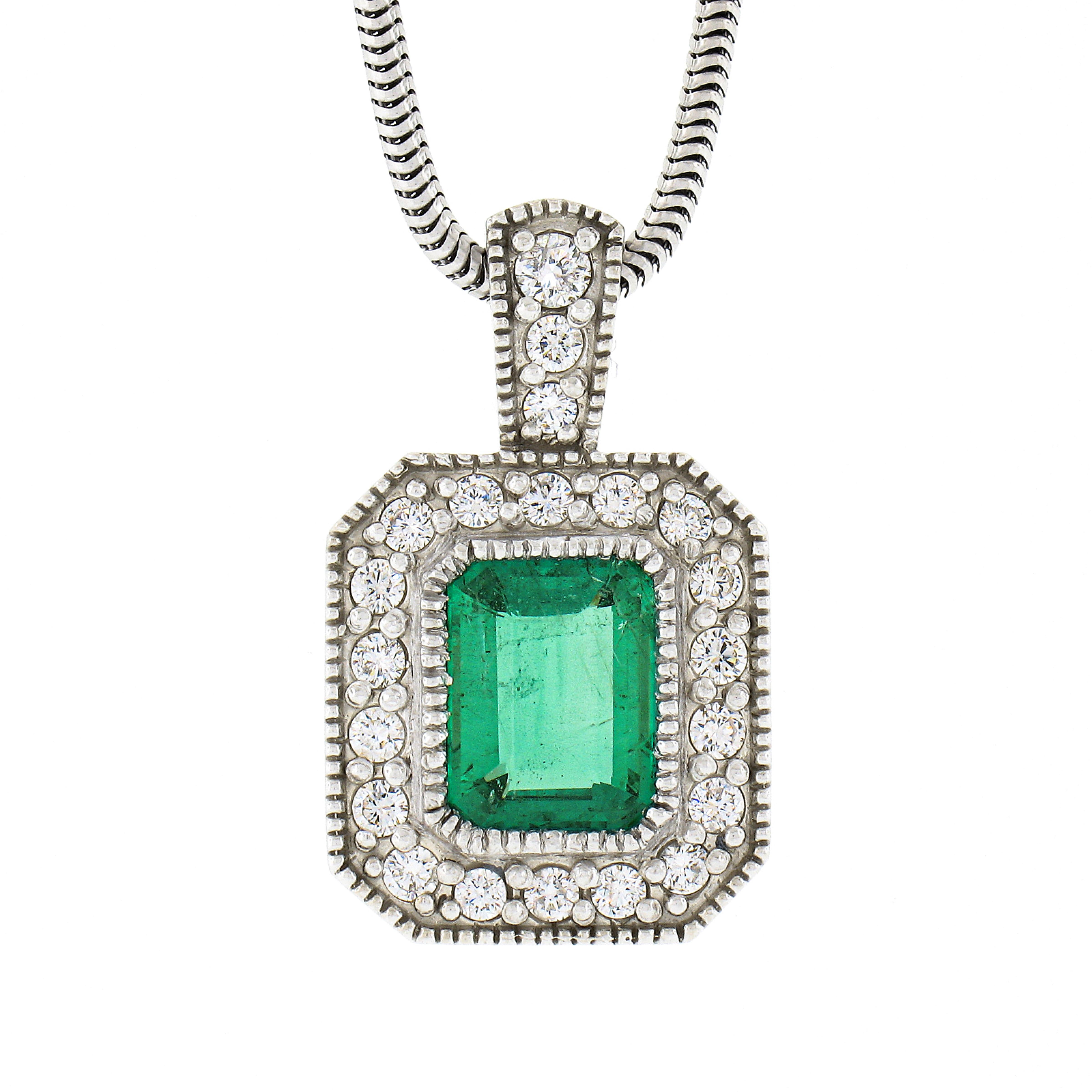 14k White Gold GIA Emerald Cut Emerald Diamond Milgrain Halo Pendant & Chain For Sale