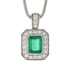 14k White Gold GIA Emerald Cut Emerald Diamond Milgrain Halo Pendant & Chain