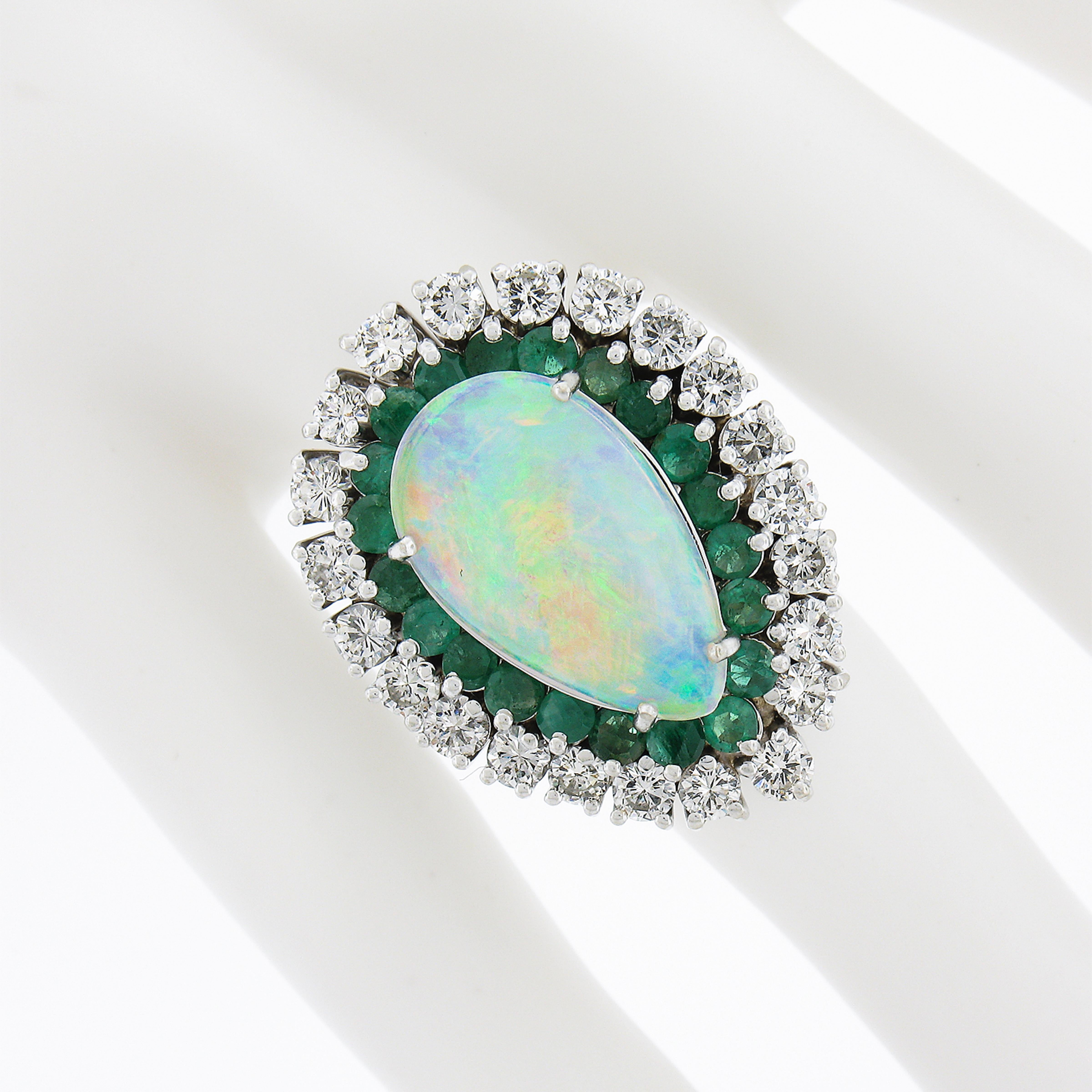 14k White Gold Gia Pear Opal Emerald & Diamond Halo Large Substantial Ring In Excellent Condition For Sale In Montclair, NJ