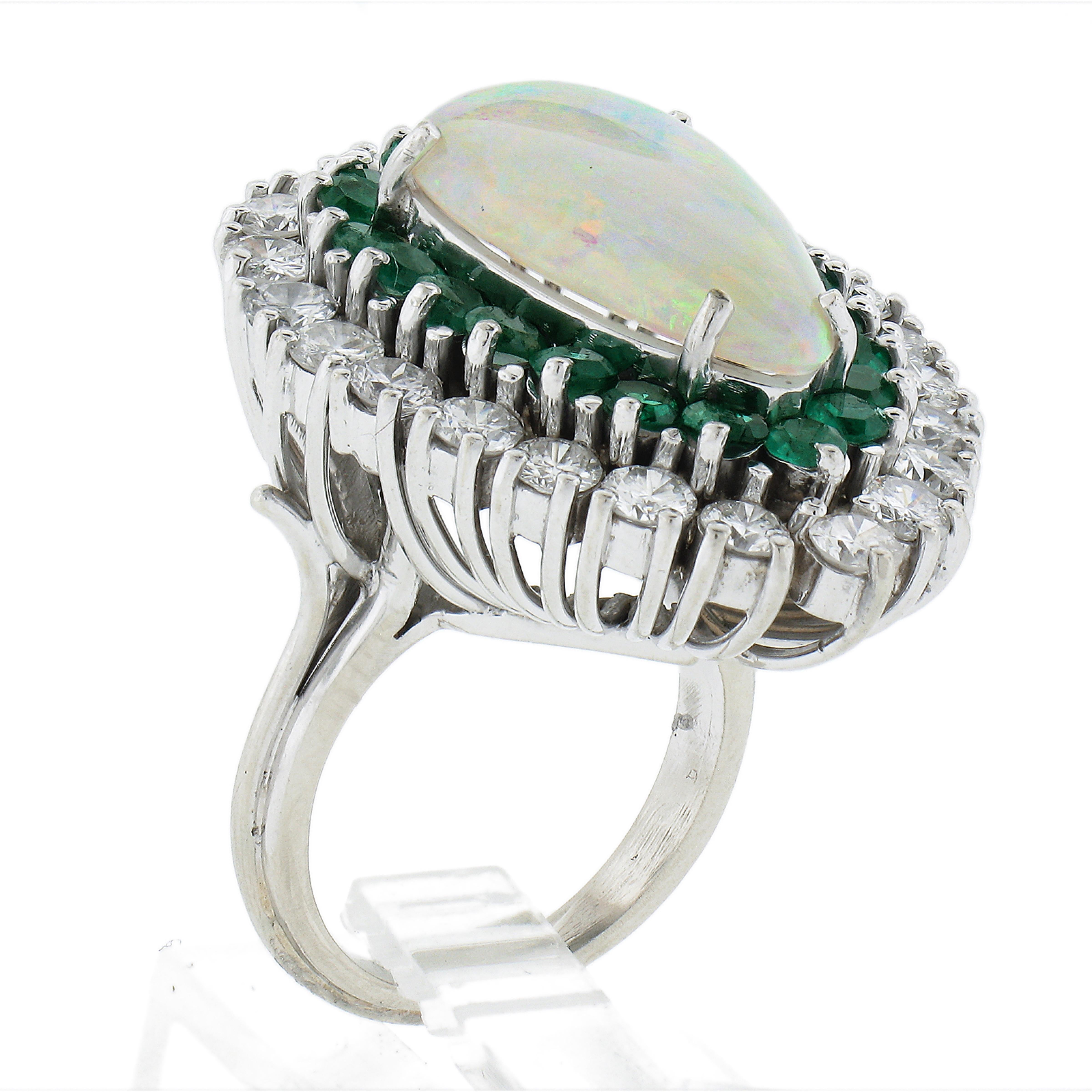14k White Gold Gia Pear Opal Emerald & Diamond Halo Large Substantial Ring For Sale 4