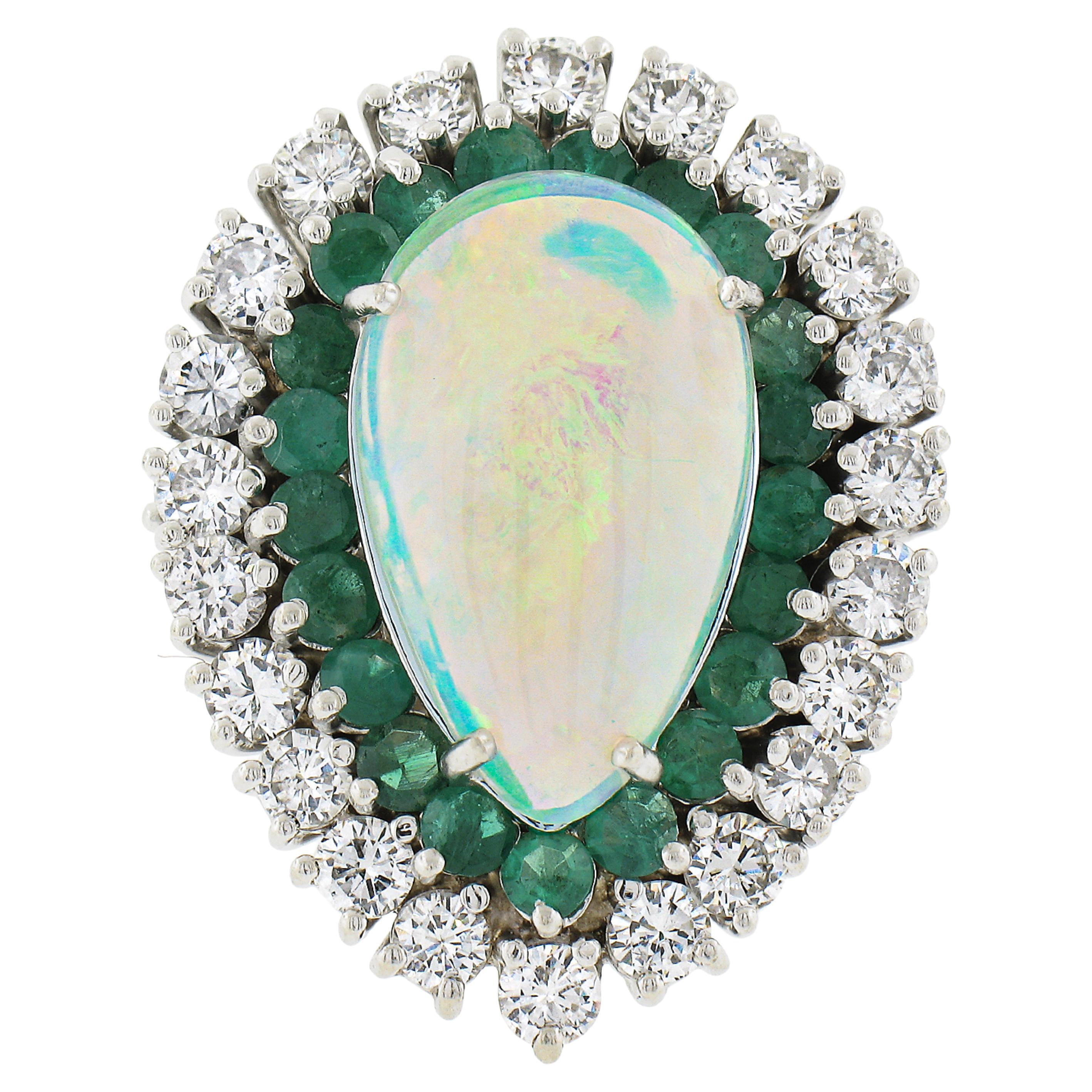 14k White Gold Gia Pear Opal Emerald & Diamond Halo Large Substantial Ring For Sale
