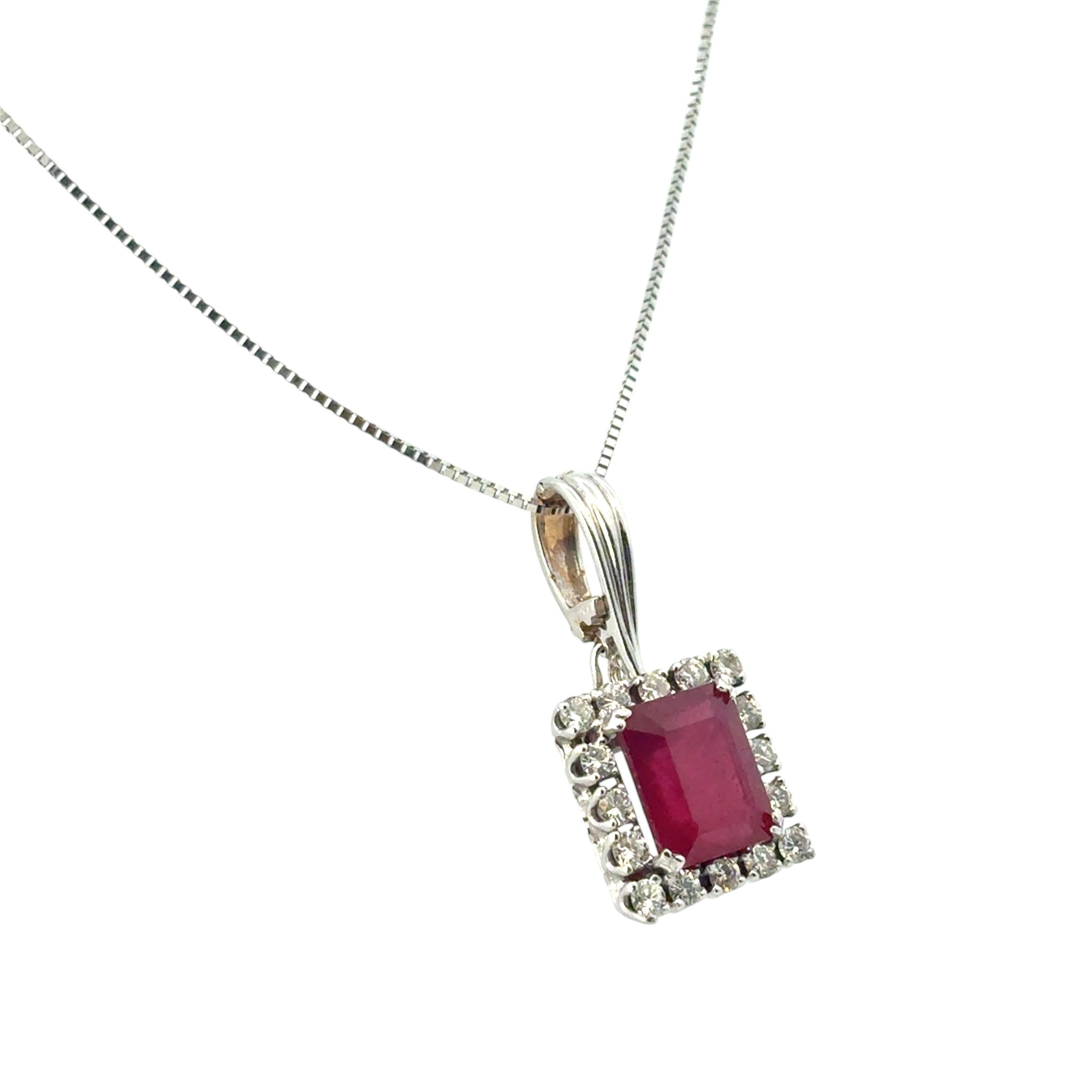 14k White Gold Glass Filled Ruby Diamond Pendant on a Classic Box Chain Necklace For Sale 4