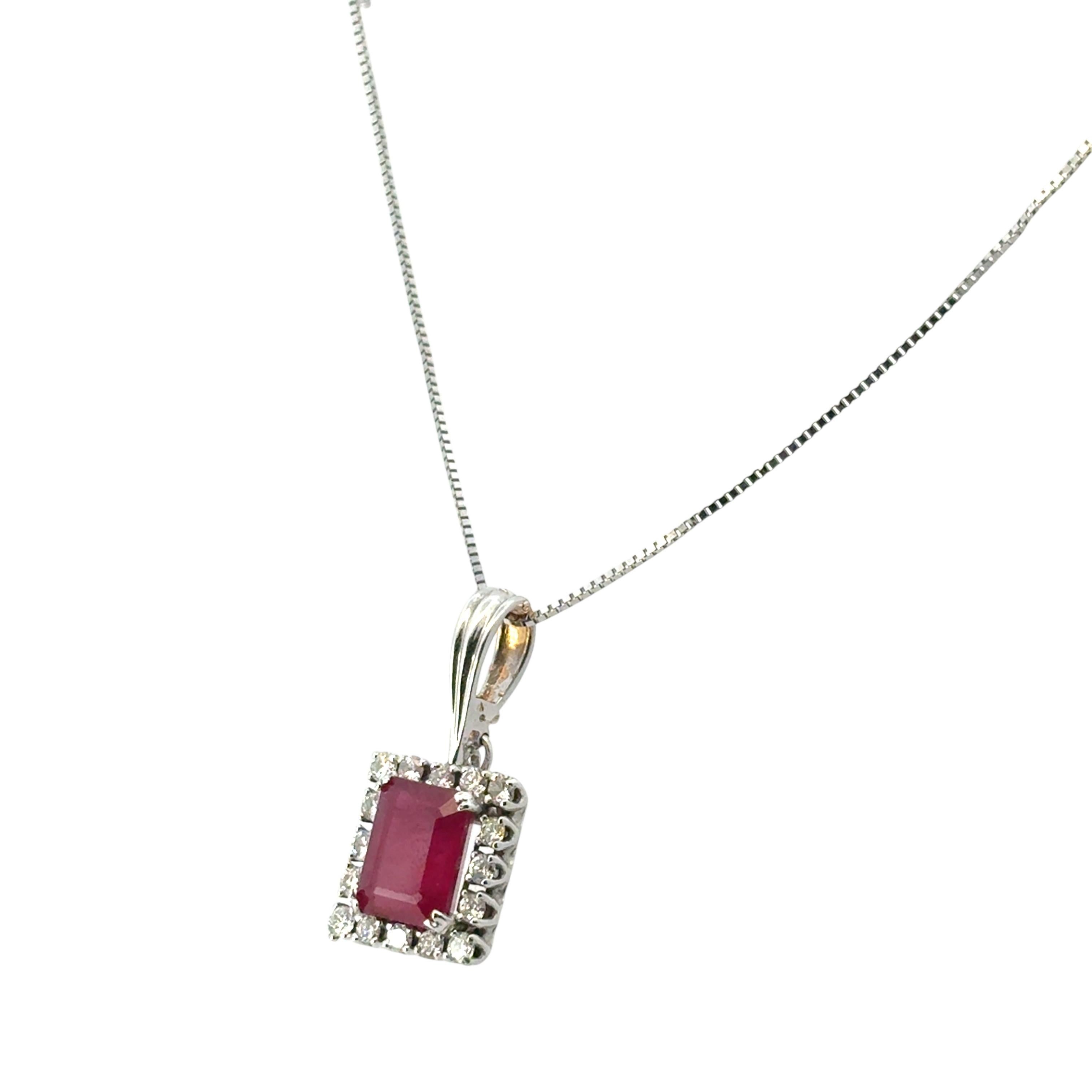 14k White Gold Glass Filled Ruby Diamond Pendant on a Classic Box Chain Necklace For Sale 5