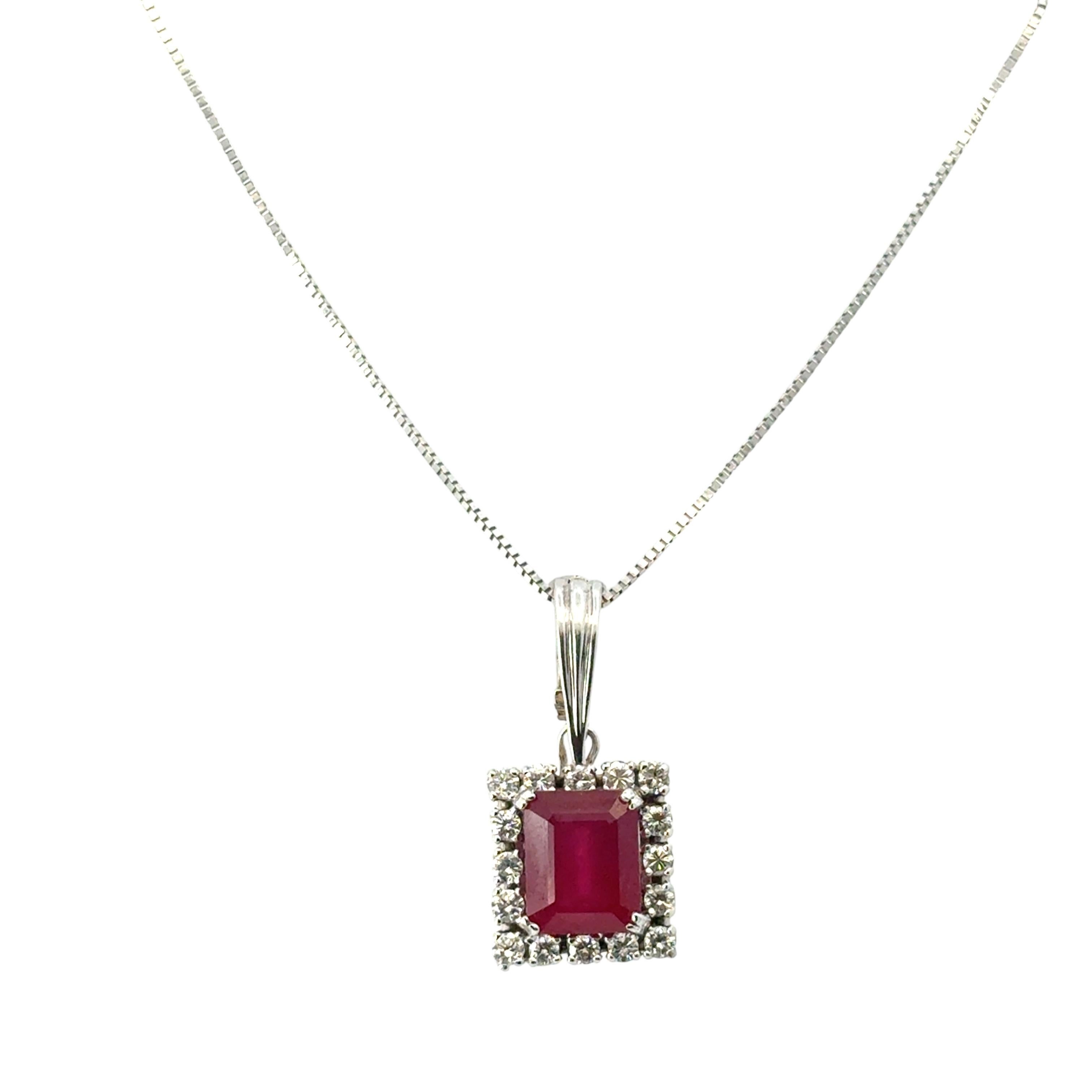14k White Gold Glass Filled Ruby Diamond Pendant on a Classic Box Chain Necklace For Sale 6