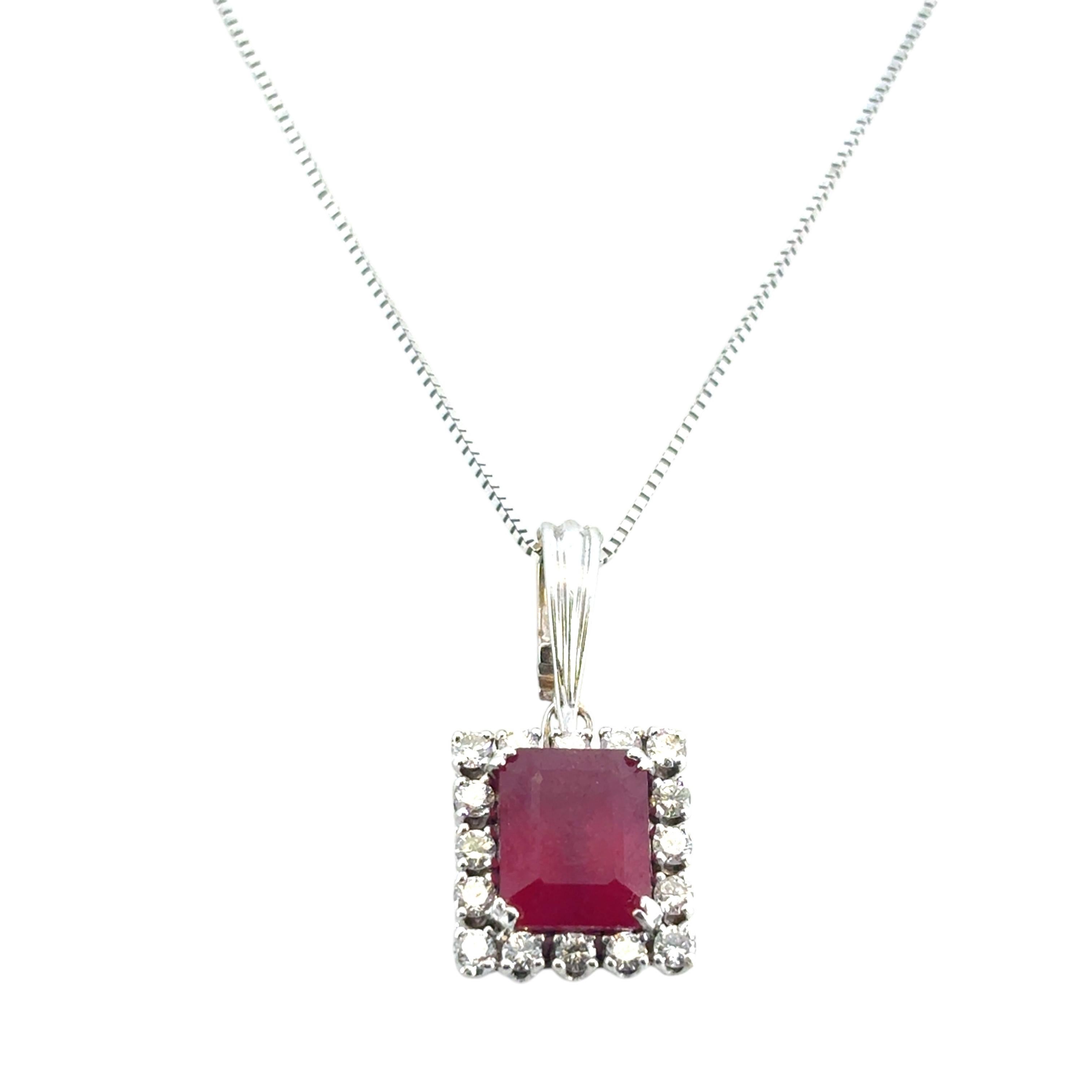 14k White Gold Glass Filled Ruby Diamond Pendant on a Classic Box Chain Necklace For Sale 7