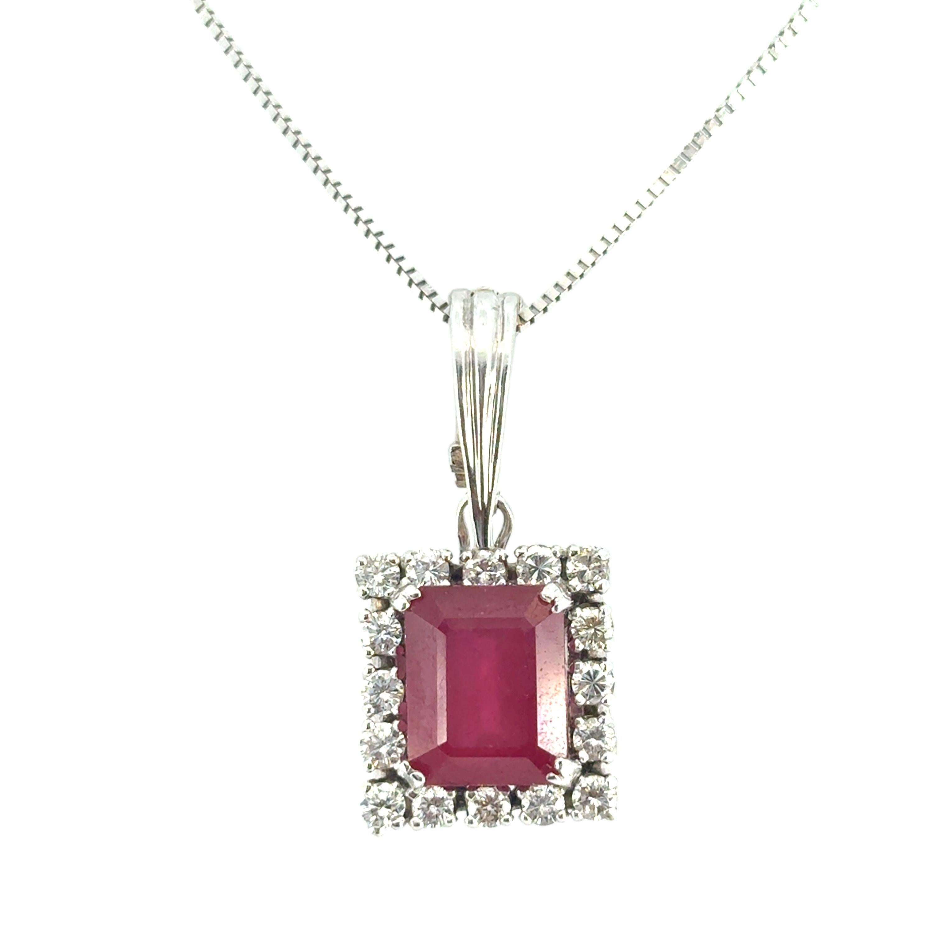 Modern 14k White Gold Glass Filled Ruby Diamond Pendant on a Classic Box Chain Necklace For Sale