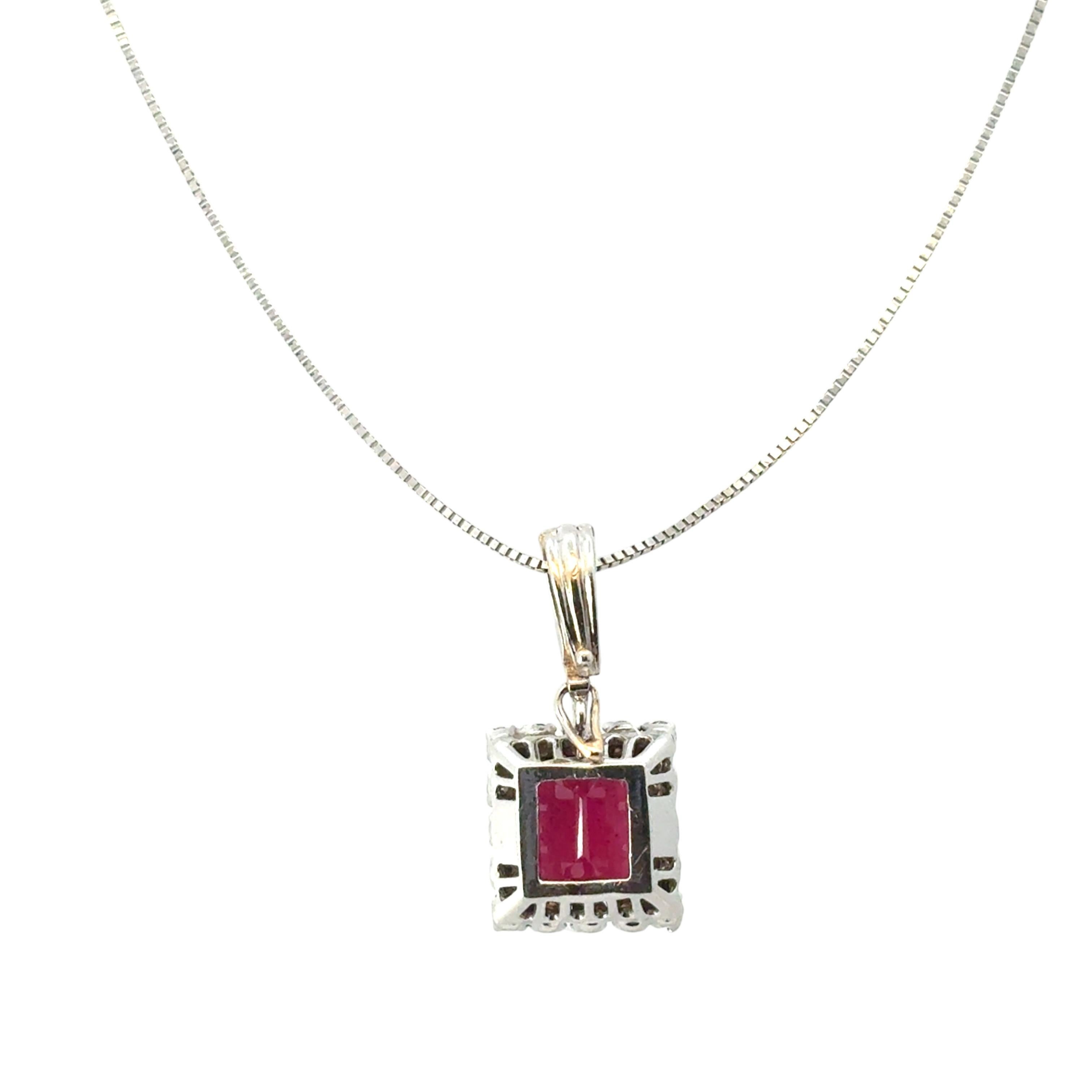 Pear Cut 14k White Gold Glass Filled Ruby Diamond Pendant on a Classic Box Chain Necklace For Sale