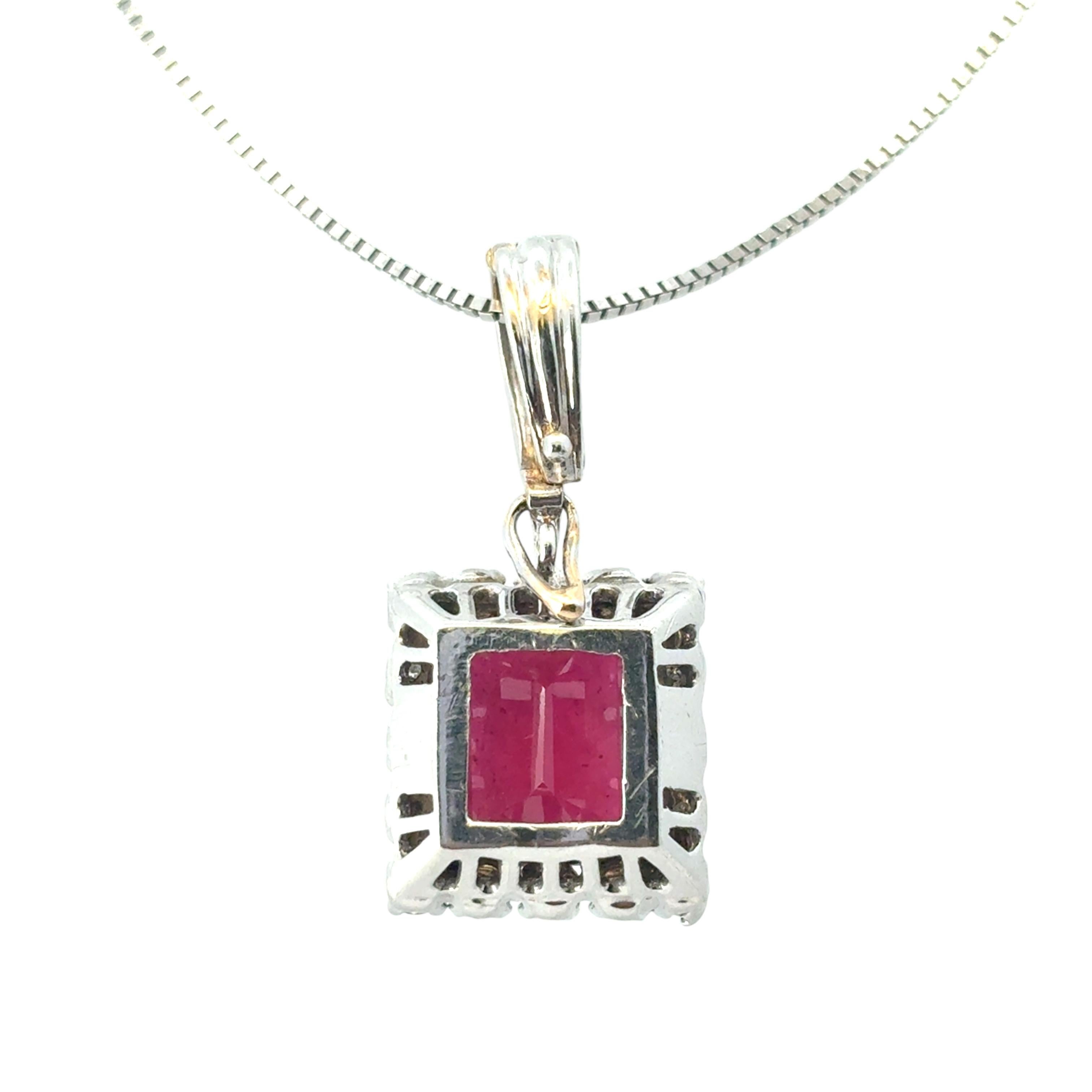 14k White Gold Glass Filled Ruby Diamond Pendant on a Classic Box Chain Necklace In Excellent Condition For Sale In Boca Raton, FL