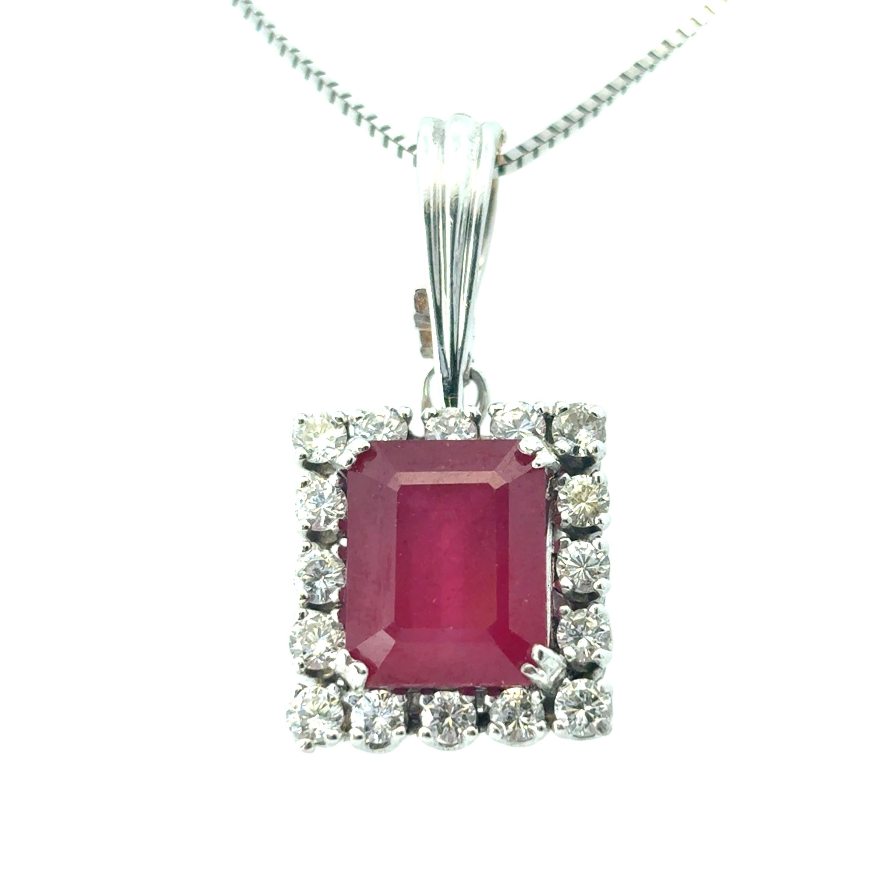 Women's 14k White Gold Glass Filled Ruby Diamond Pendant on a Classic Box Chain Necklace For Sale