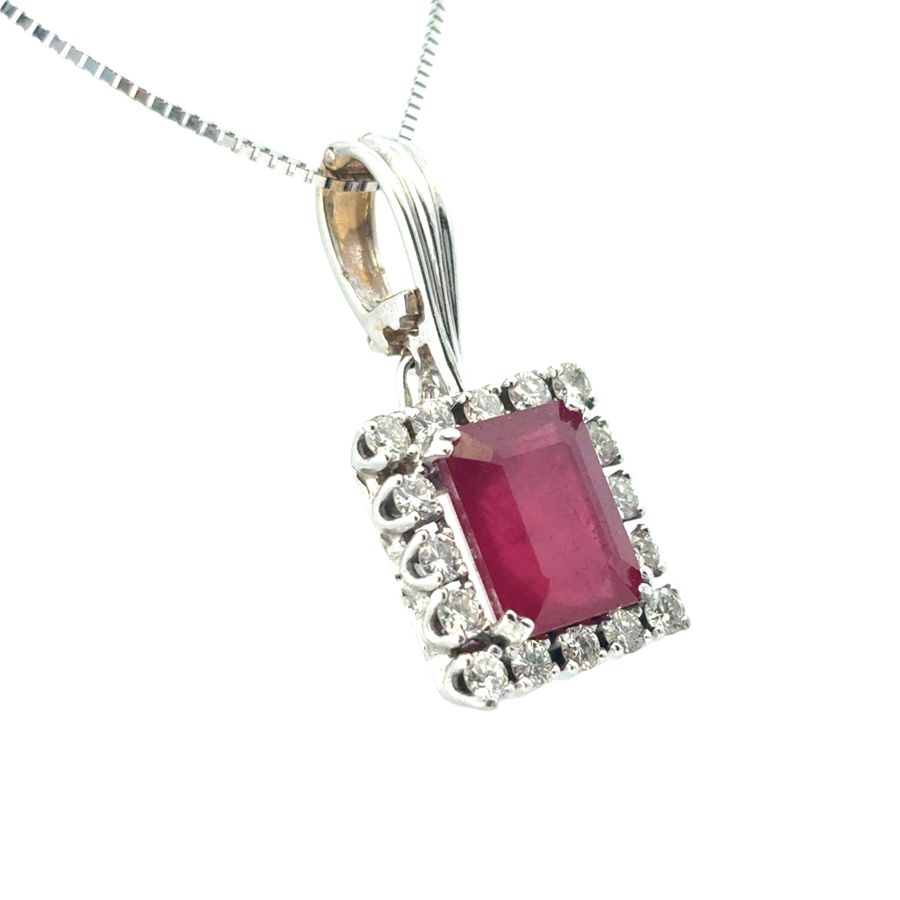 14k White Gold Glass Filled Ruby Diamond Pendant on a Classic Box Chain Necklace For Sale 1