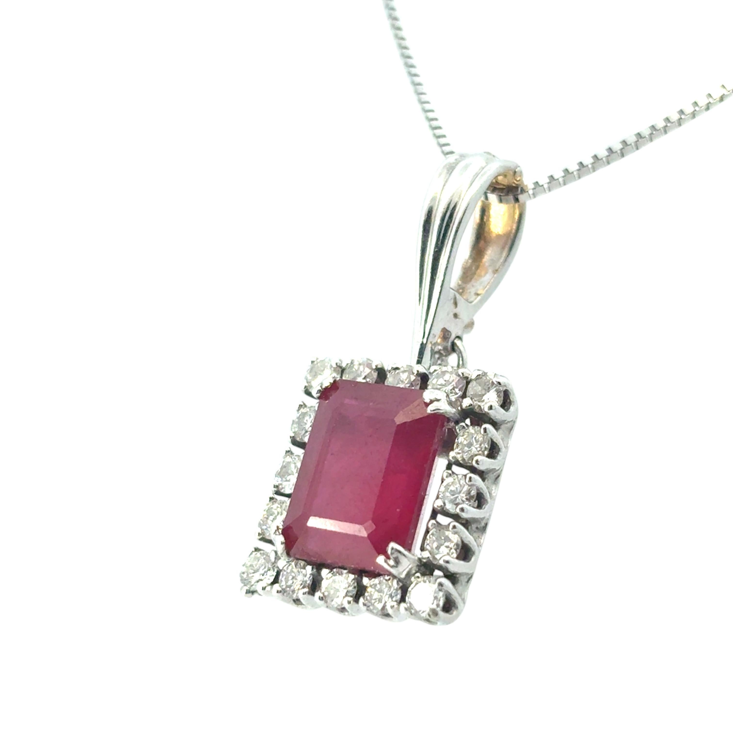 14k White Gold Glass Filled Ruby Diamond Pendant on a Classic Box Chain Necklace For Sale 2