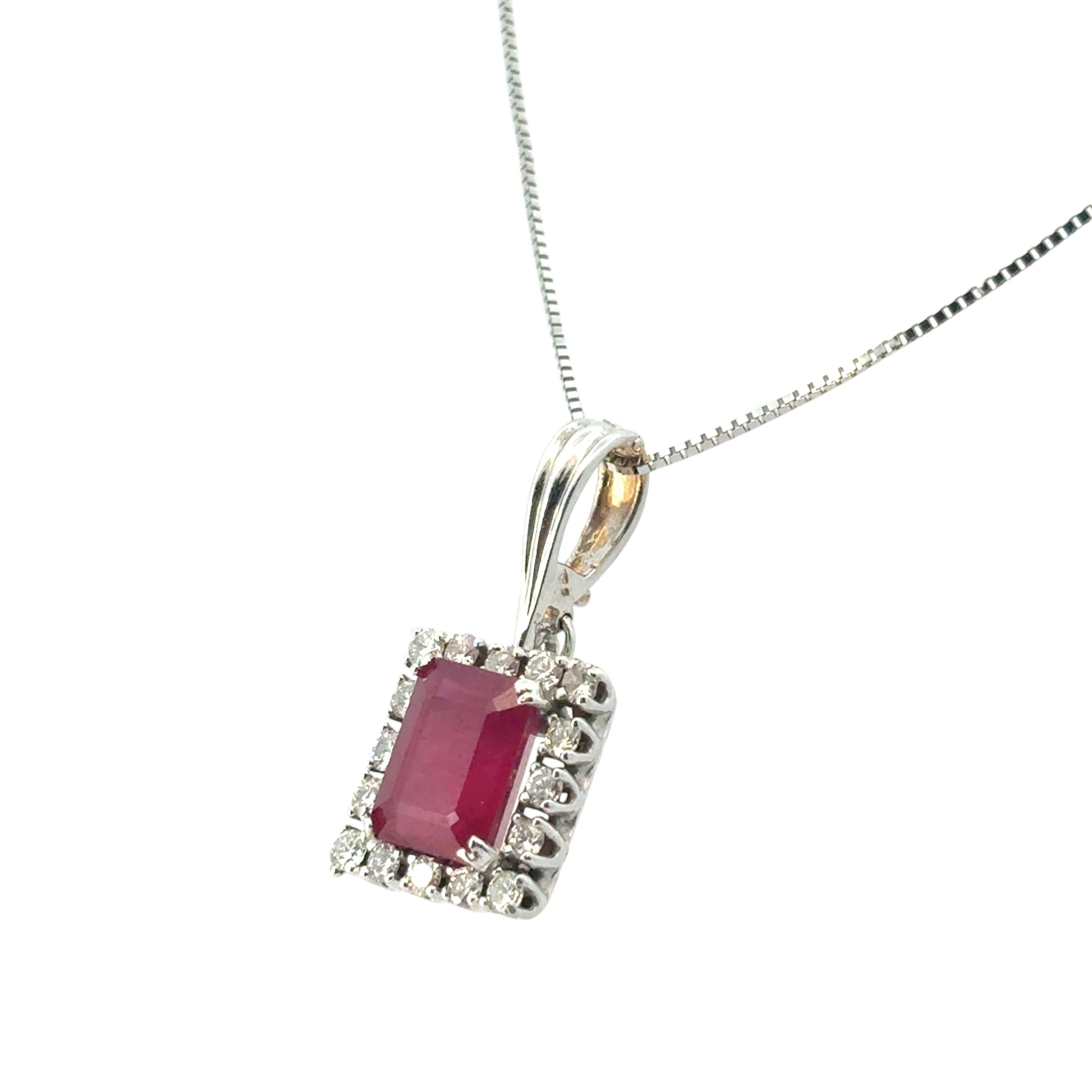 14k White Gold Glass Filled Ruby Diamond Pendant on a Classic Box Chain Necklace For Sale 3