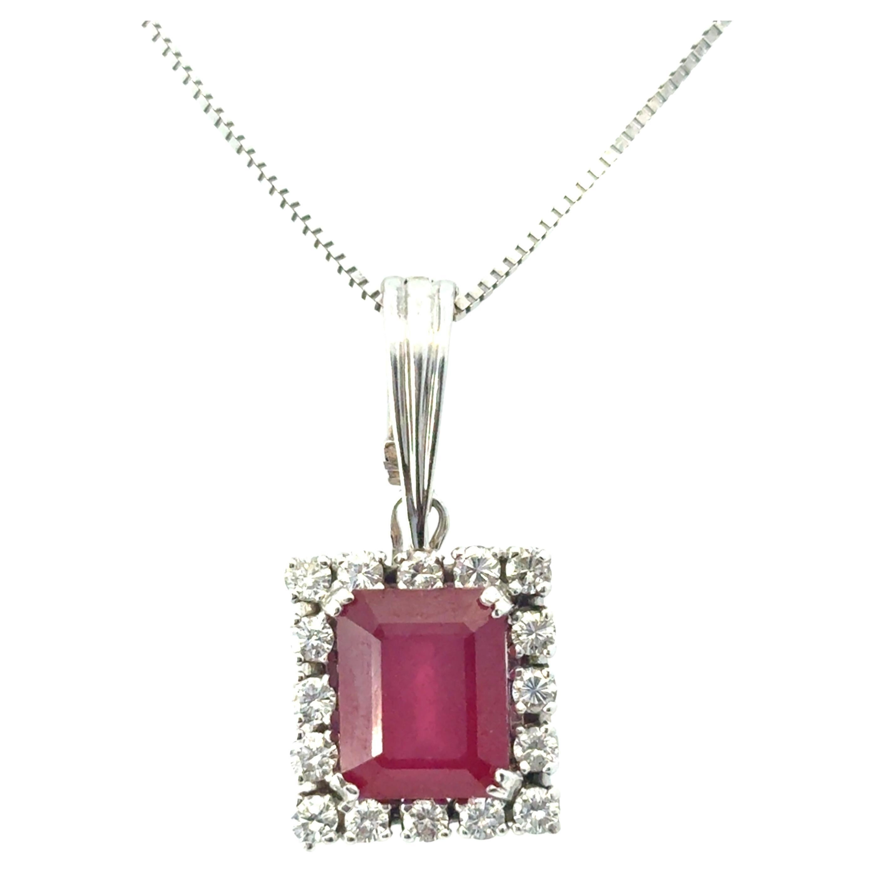 14k White Gold Glass Filled Ruby Diamond Pendant on a Classic Box Chain Necklace For Sale