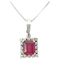 14k White Gold Glass Filled Ruby Diamond Pendant on a Classic Box Chain Necklace