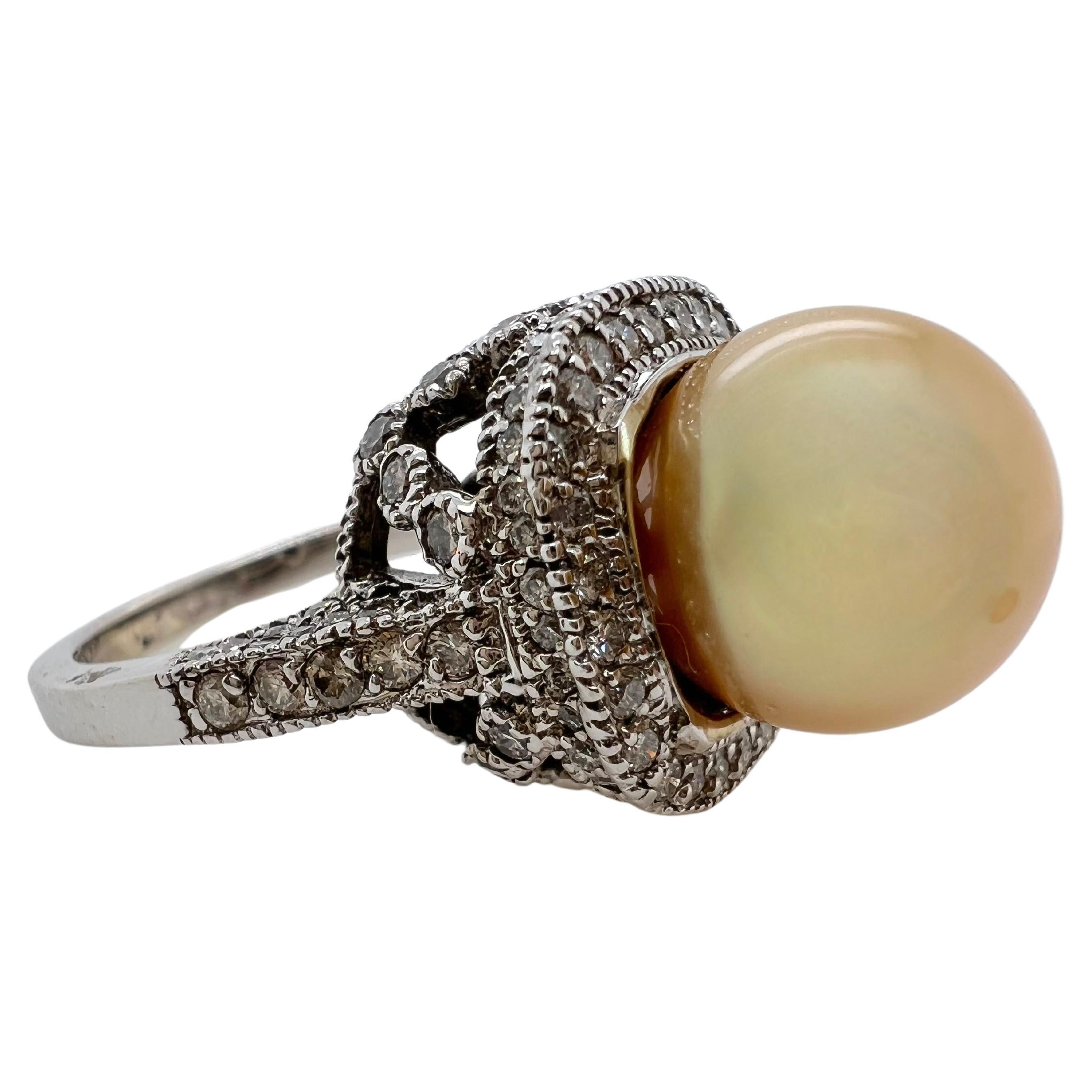 Round Cut 14k White Gold Golden South Sea Pearl Ring with Diamonds For Sale