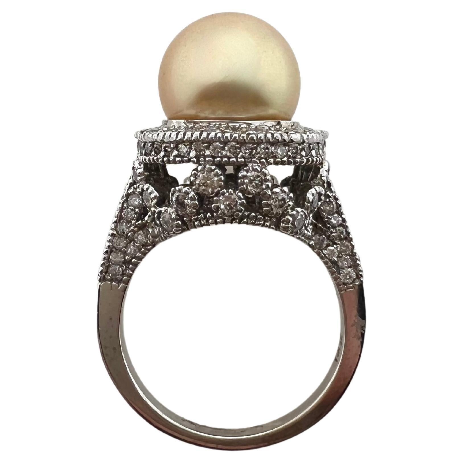 14k White Gold Golden South Sea Pearl Ring with Diamonds