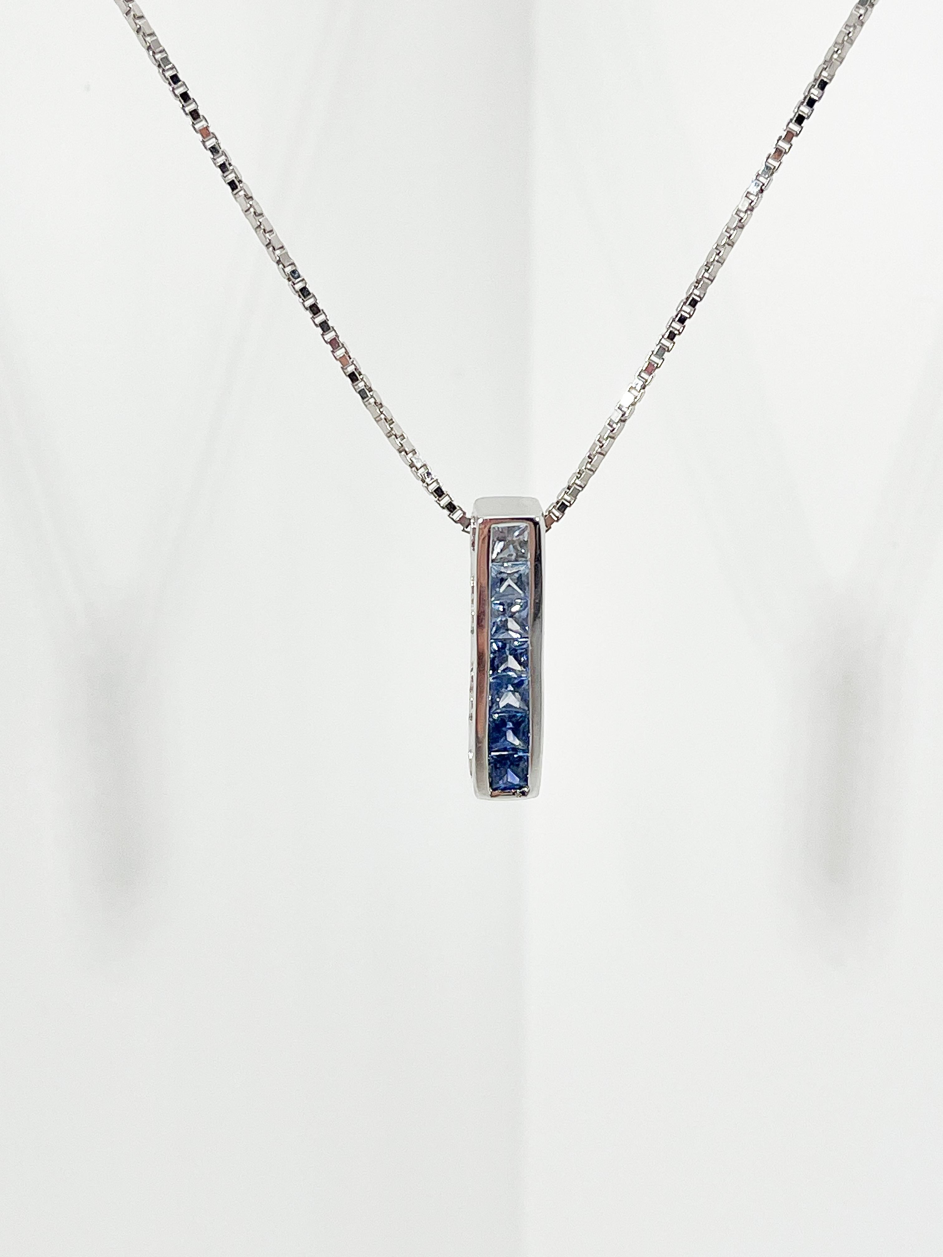 Princess Cut 14K White Gold Gradient Blue Sapphire Pendant Necklace For Sale