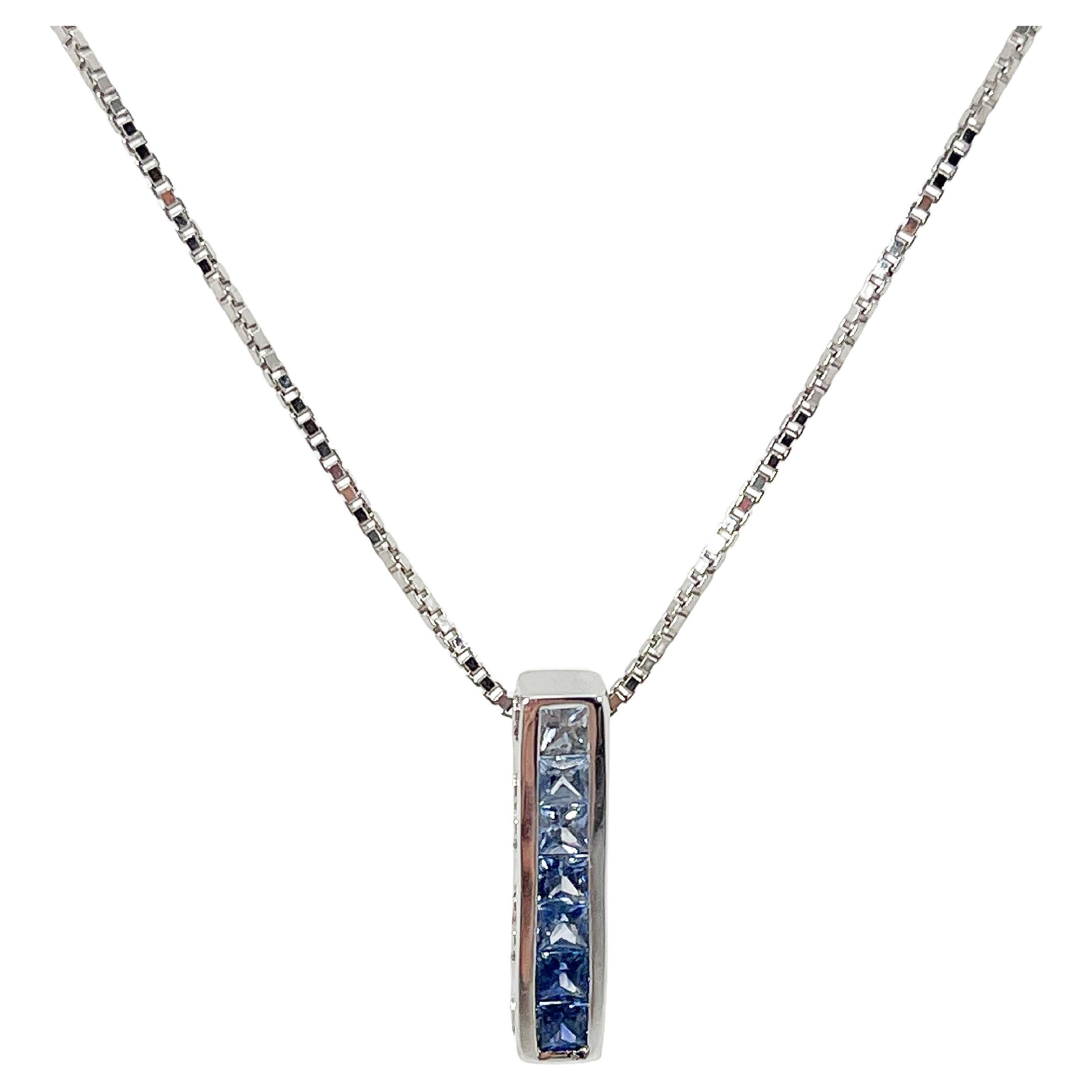 14K White Gold Gradient Blue Sapphire Pendant Necklace For Sale