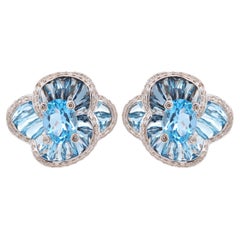 14K White Gold Gradient Blue Topaz Special Cut Taper Baguette Couture Earrings
