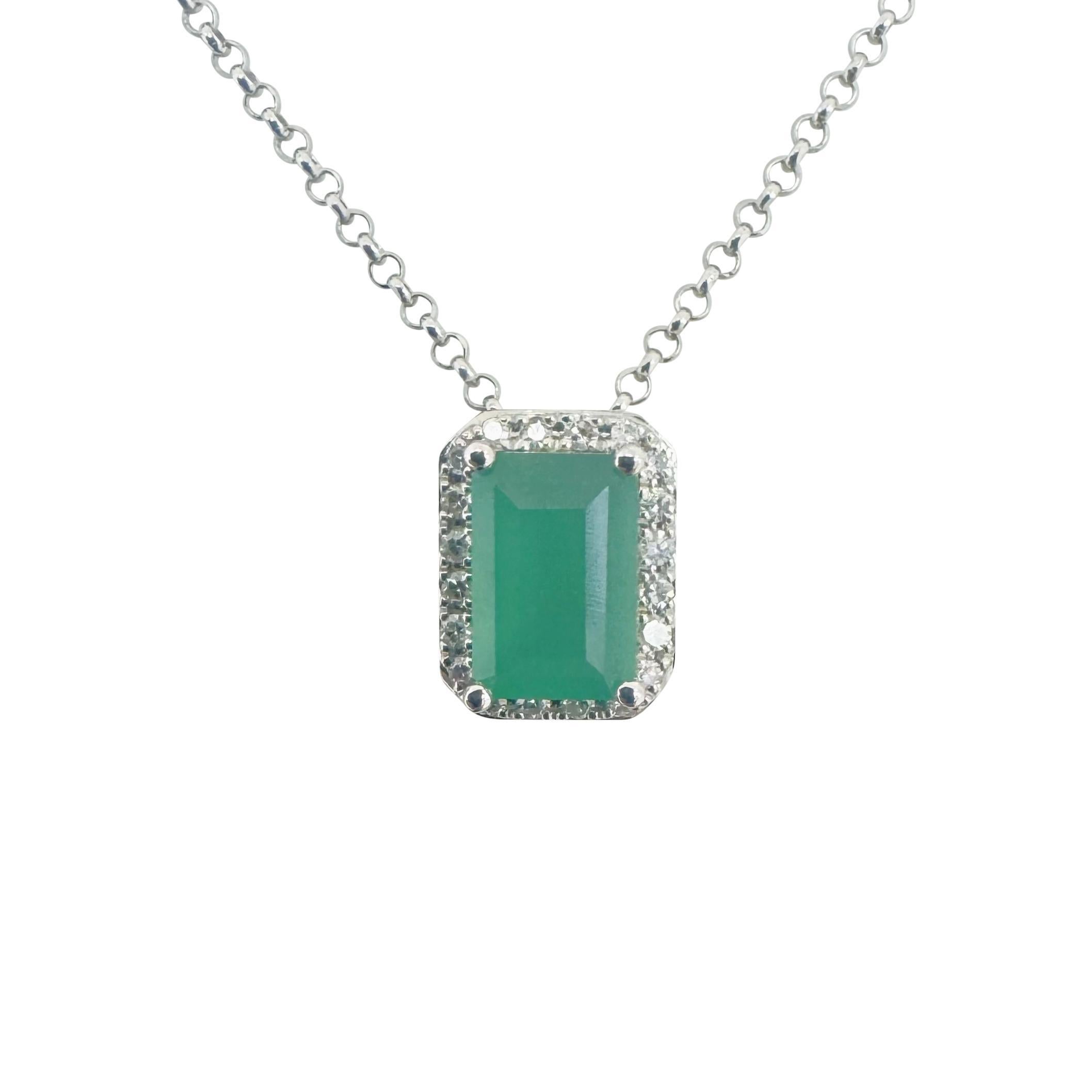 Emerald Cut 14k White Gold Green Agate and Diamond Pendant Necklace 16