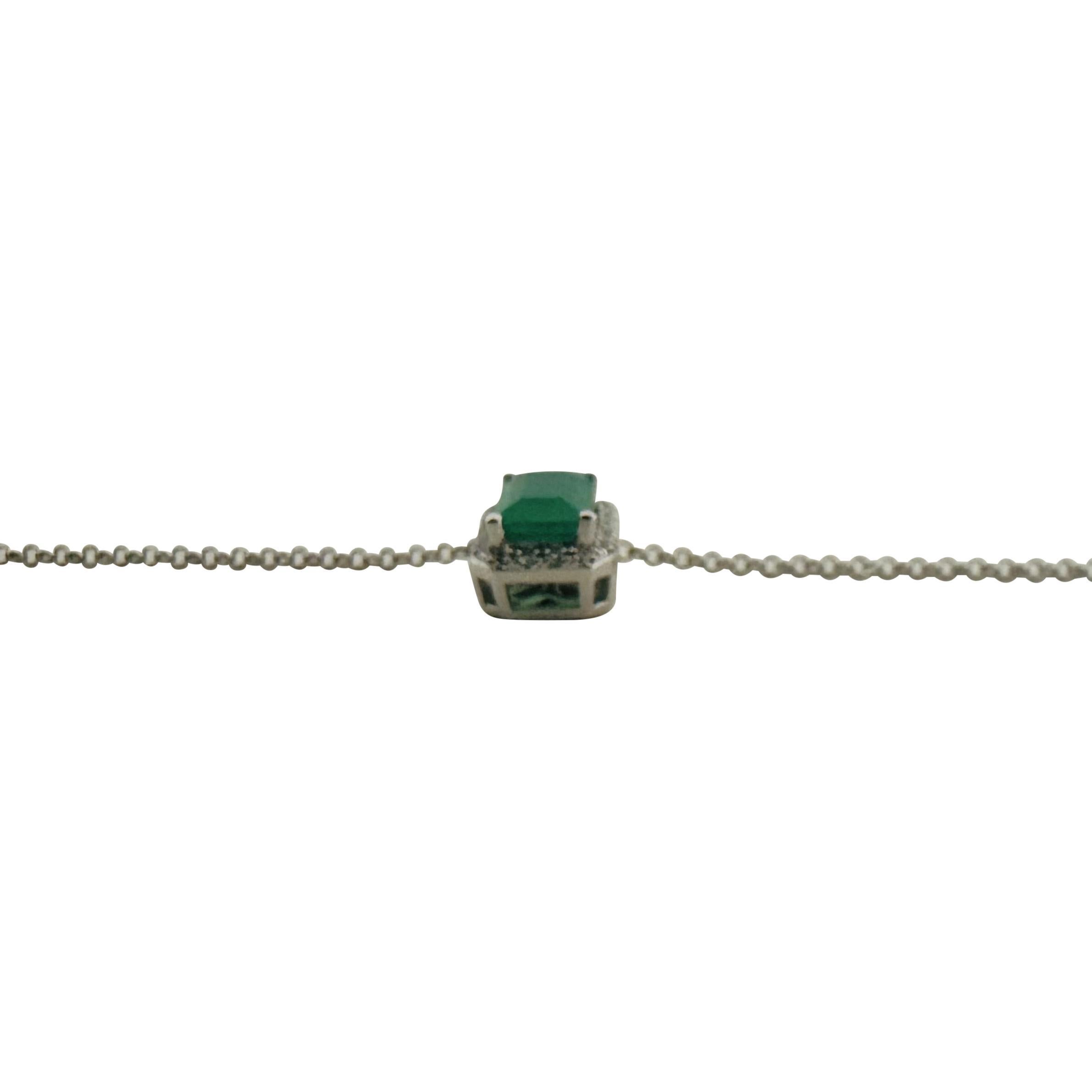 14k White Gold Green Agate and Diamond Pendant Necklace 16