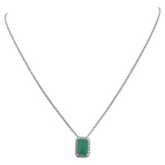 14k White Gold Green Agate and Diamond Pendant Necklace 16"